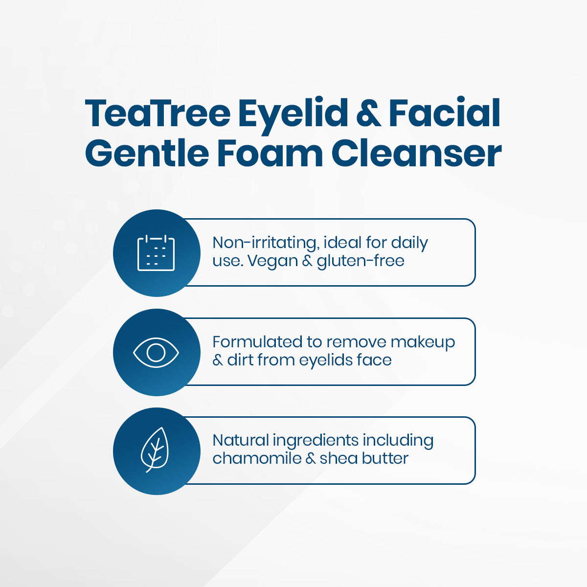 Promotional graphic for EyeEco Gentle Formula Tea Tree Eyelid & Facial Cleanser by PRN. This non-irritating, vegan, gluten-free formula is ideal for sensitive skin, effortlessly removing makeup with natural ingredients like chamomile and shea butter. Available in 1.69oz & 6.09oz sizes.