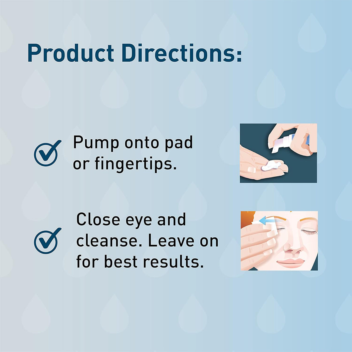 Instructions on a blue background: Pump onto pad or fingertips. Image shows hands with a pad. Close eye and cleanse. Leave on for best results. OCuSOFT Lid Scrub PLUS (50mL) is perfect for blepharitis relief, soothing your eyes. Water drop pattern in the background.