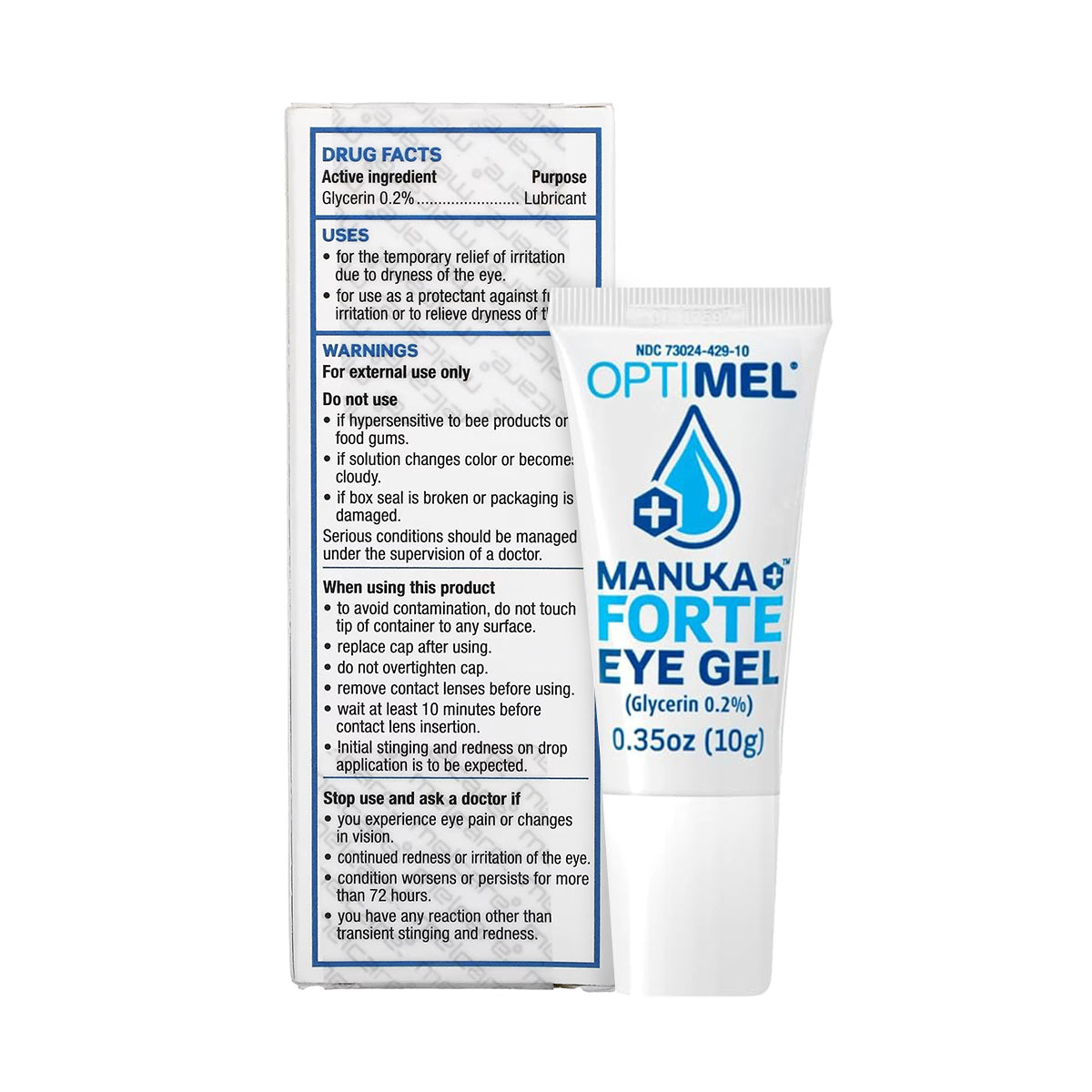 The image shows a tube and box of Melcare OptiMel Manuka Forte Eye Gel Ointment (0.35 oz/10g). The packaging features a teardrop logo and highlights 0.2% glycerin and Manuka honey for temporary relief of eye irritation and dry eyes, often linked to meibomian gland dysfunction.