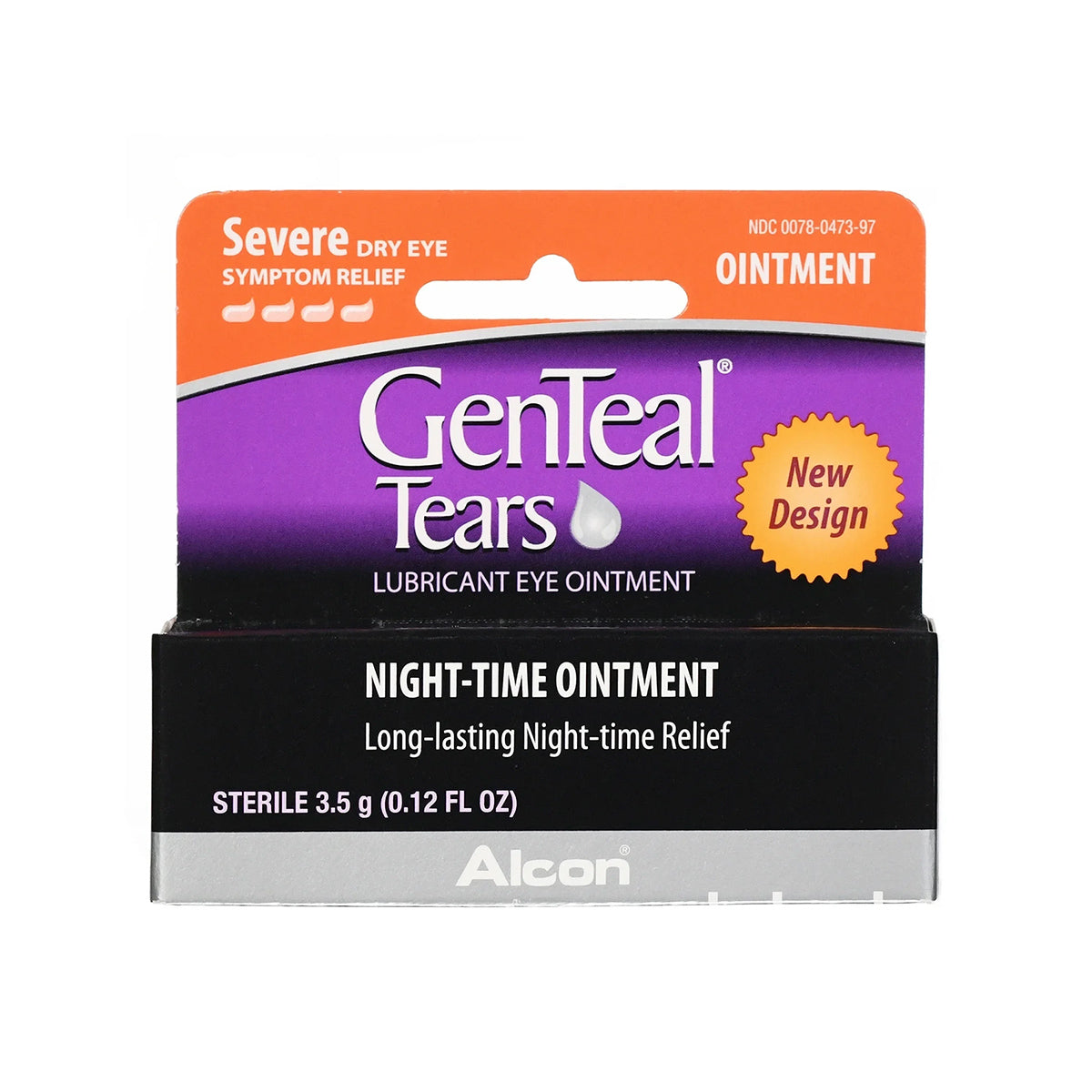 Alcon’s GenTeal Tears Night-Time Ointment for severe dry eye relief comes in a 3.5g (0.12 fl oz) tube, with vibrant purple and orange packaging boasting a New Design for long-lasting overnight soothing.
