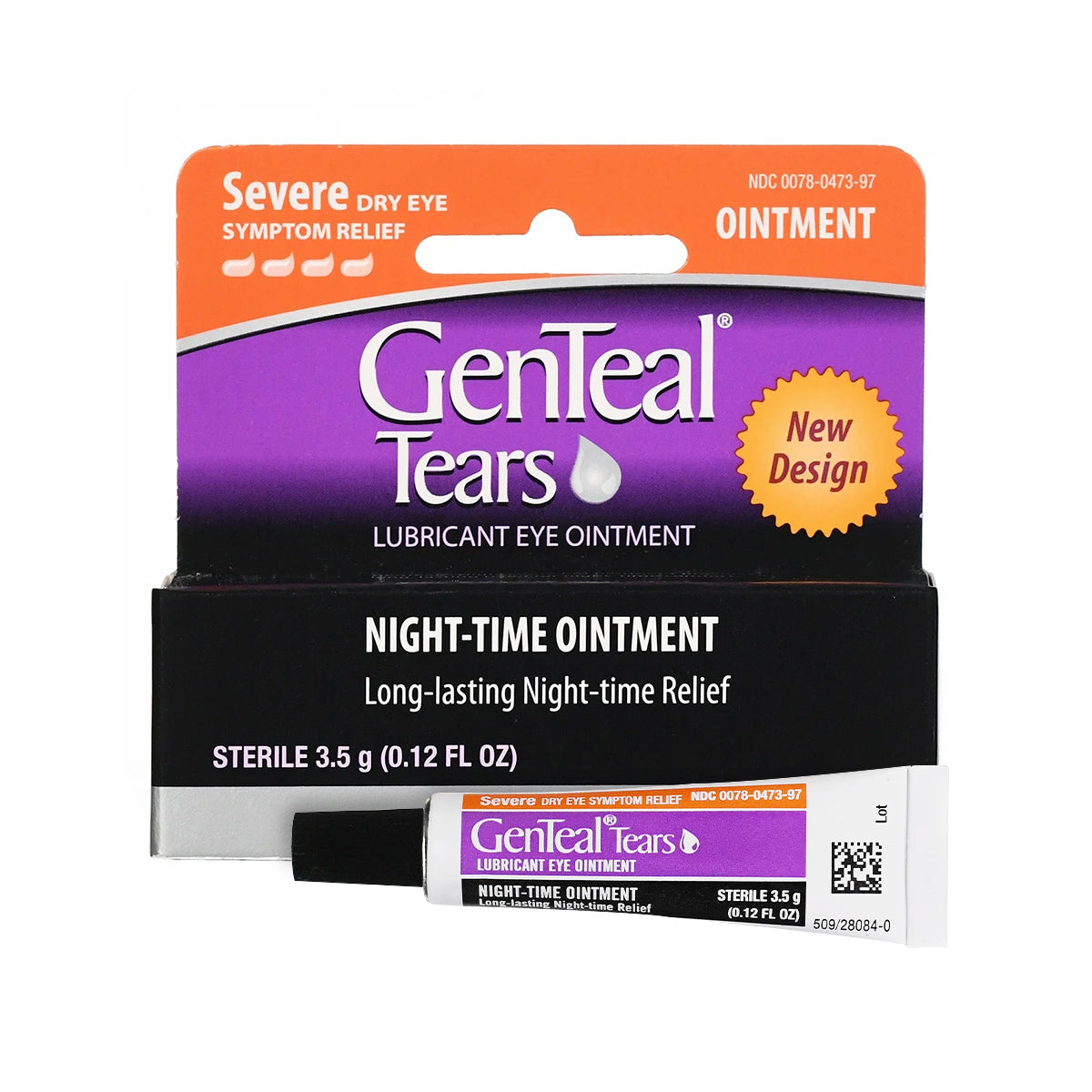 Alcons GenTeal Tears Night-Time Ointment provides effective relief for severe dry eye symptoms and comes in a 3.5g tube with a New Design highlighted in vibrant orange.