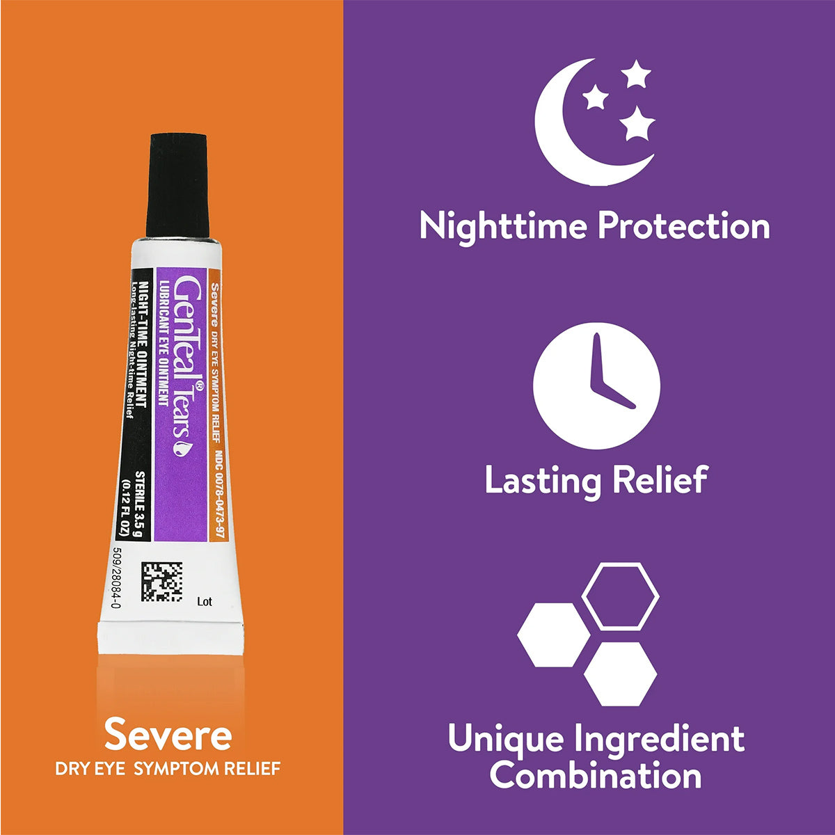 Image of a GenTeal Tears Night-Time Ointment Severe Dry Eye Symptom Relief 3.5g tube by Alcon on an orange background, with text Severe Dry Eye Symptom Relief. Next to it on a purple background are icons stating Nighttime Protection, Lasting Eye Relief, and Unique Ingredient Combination.