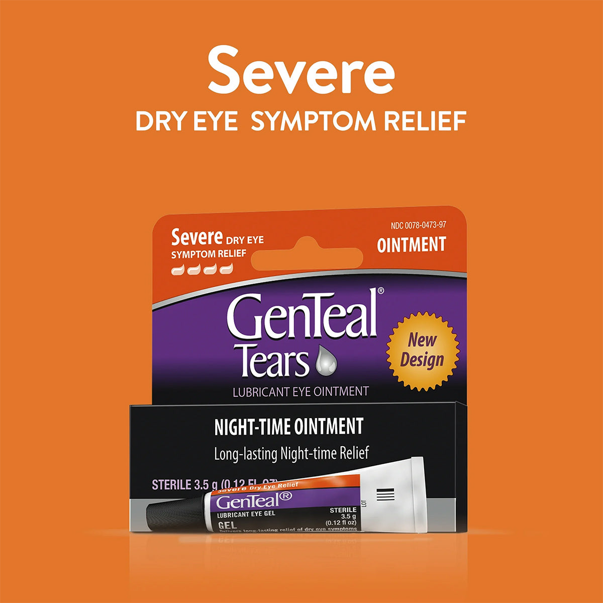 An orange backdrop frames the GenTeal Tears Night-Time Ointment by Alcon, featuring Severe Dry Eye Symptom Relief on the box and tube. The packaging showcases a New Design, highlighting its long-lasting relief for severe dry eye symptoms, ideal for nighttime comfort in a 3.5g tube.