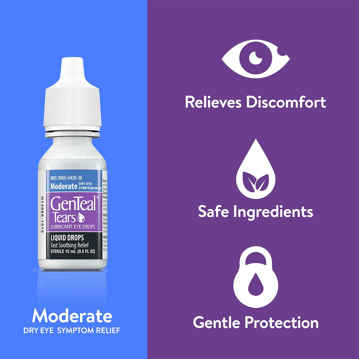 Image of Alcons GenTeal Liquid Drops 15mL with a white cap, labeled Moderate. Text on purple background highlights: Relieves Discomfort, Safe Ingredients, and Gentle Protection, ideal for soothing dry eyes.