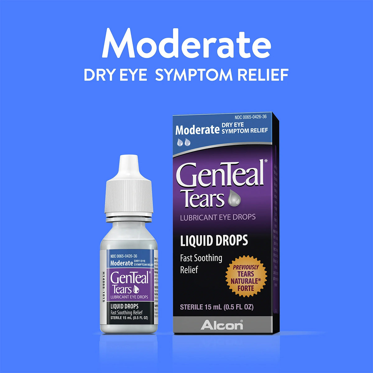 The 15mL bottle of Alcons GenTeal Liquid Drops sits by its box against a blue background, offering Moderate Dry Eye Symptom Relief and Fast Soothing Relief. Once known as Tears Naturelle Forte, it effectively soothes dry eyes with the GenTeal Gel formula.