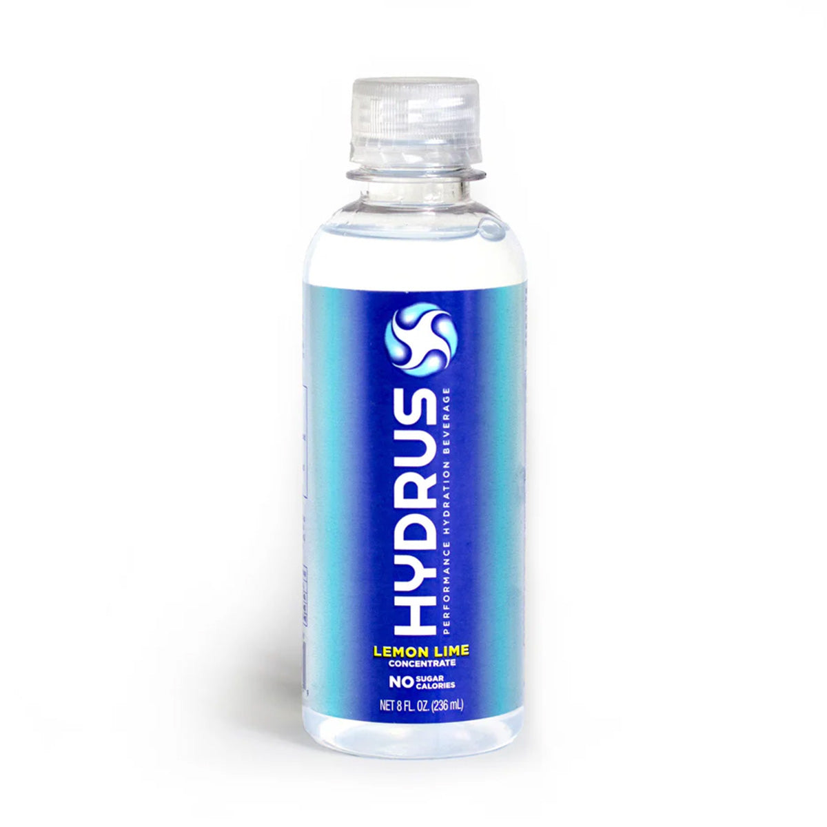 A Hydrus Performance clear plastic bottle showcases a blue gradient label with Lemon Lime Concentrate, No Sugar and features Nanosome™ Technology for advanced hydration. This sugar-free electrolyte solution comes in an 8 oz (236 mL) size with a secure cap.
