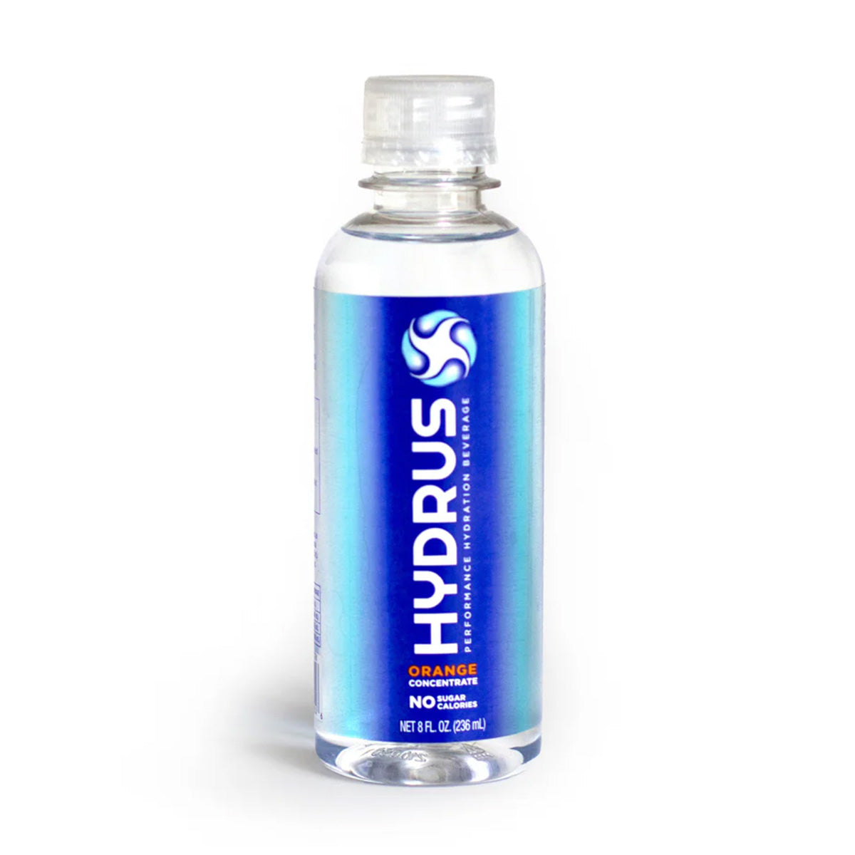 A clear plastic 8 fl oz Hydrus Performance bottle features a blue label with a circular logo, offering advanced hydration and sugar-free electrolytes through Nanosome™ Technology, claiming no sugar content. It supports eye health and whole-body hydration in two flavors.