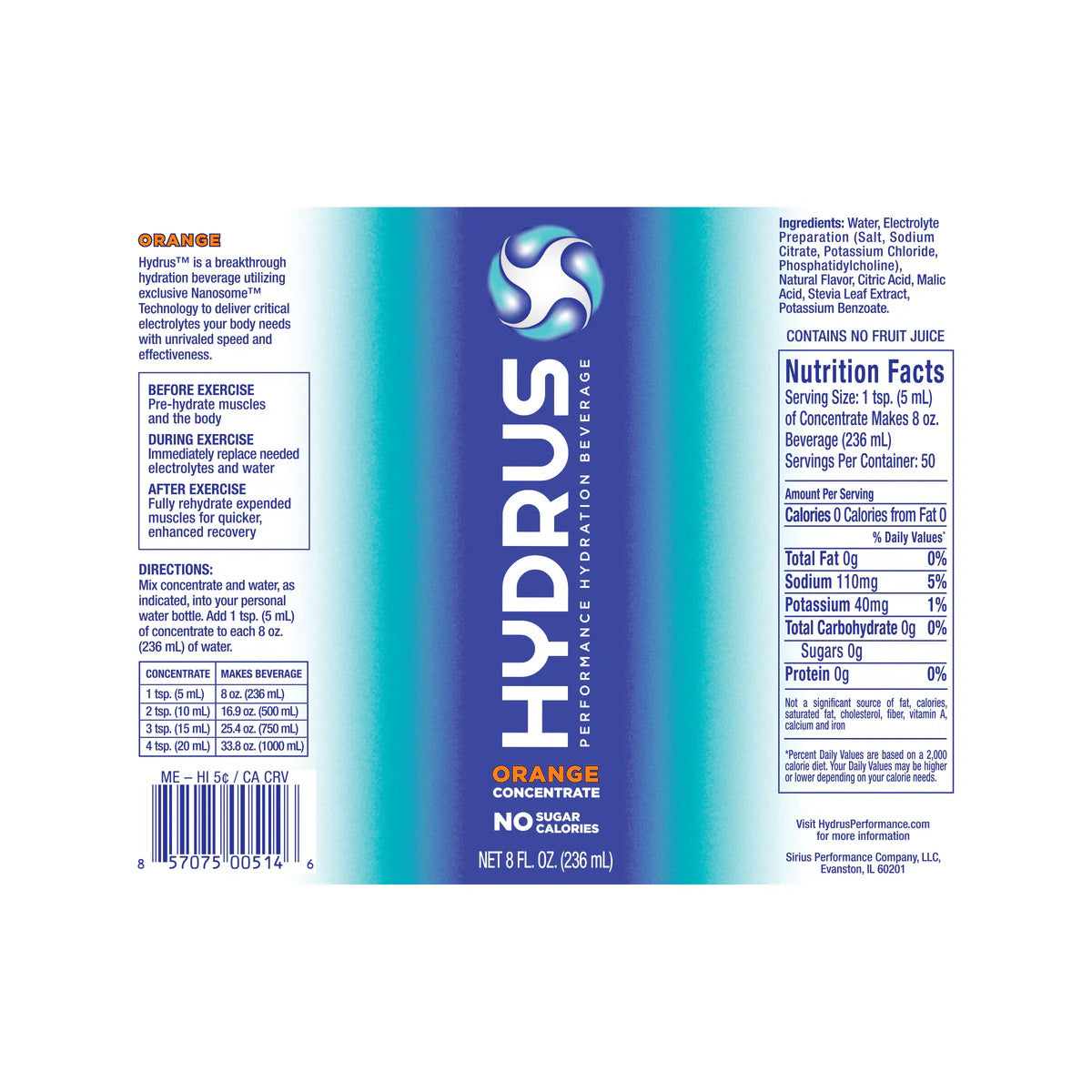 Label of an 8oz Hydrus Performance Orange Sugar-Free Electrolyte Hydration Concentrate with Nanosome™ Technology showcases blue gradients, nutritional facts, ingredients, and mixing instructions. Its zero calories with no fruit juice content, designed to support eye health and whole-body hydration.