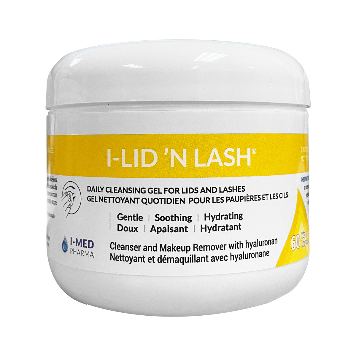 A jar of I-Med Pharmas I-LID ’N LASH® Wipes, offering gentle, hydrating cleansing for sensitive eyes and lashes, includes 60 wipes. The label emphasizes its soothing properties and features hyaluronan for effective makeup removal.