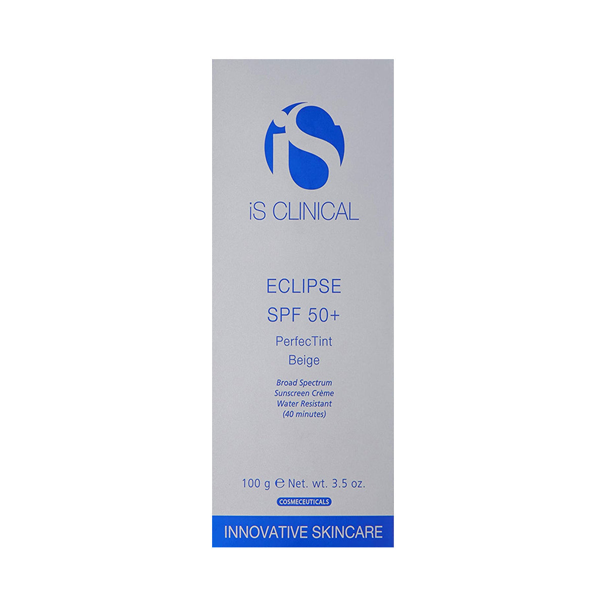 IS Clinical Eclipse SPF 50+ Perfect Tint Beige packs broad-spectrum UVA/UVB protection in water-resistant 40-minute, 100g (3.5 oz) packaging. Tagline: Innovative Skincare.