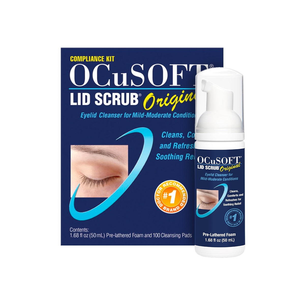Image of the OCuSOFT Eye Kit for eyelid hygiene. Contains a bottle of pre-lathered foam (1.68 fl oz) and 100 cleansing pads, ideal for tear film stabilization in mild to moderate conditions. Includes box packaging.