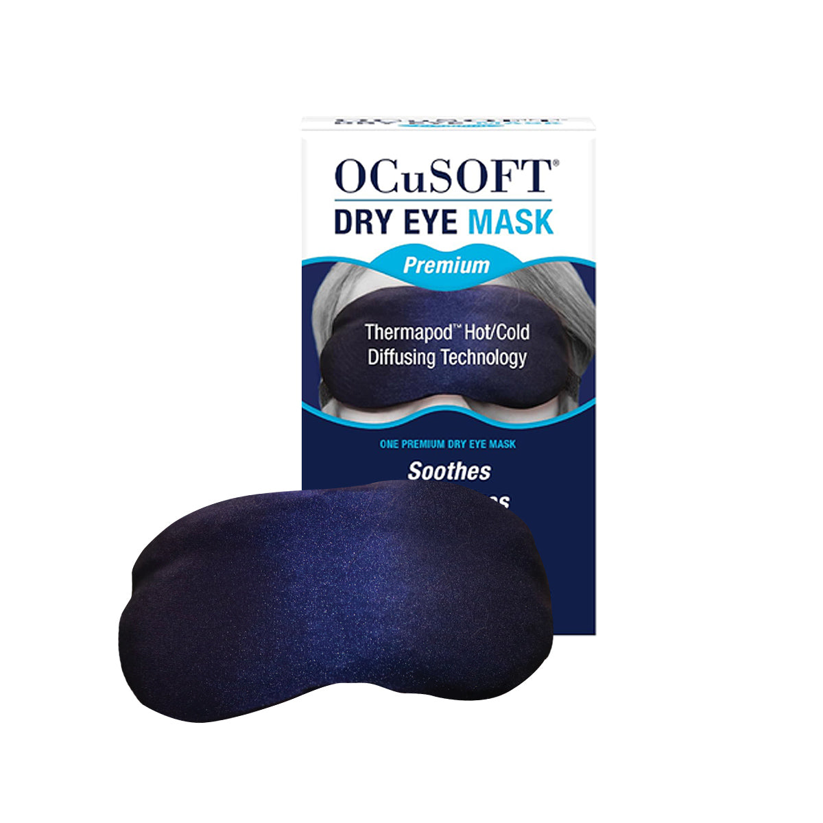 A dark blue eye mask is in front of an OCuSOFT Eye Kit box labeled Premium, with Thermapod Hot/Cold Diffusing Technology. Part of the OCuSOFT line, it effectively soothes and relieves dry eyes.