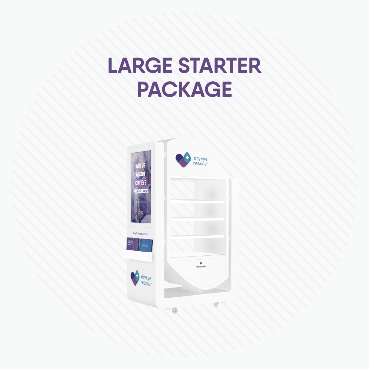 The Package C from DryEye Rescue features a Large Standing Display with multiple shelves and a digital screen, ideal for wall mounting in exam rooms. Its design includes diagonal lines forming a circular pattern.