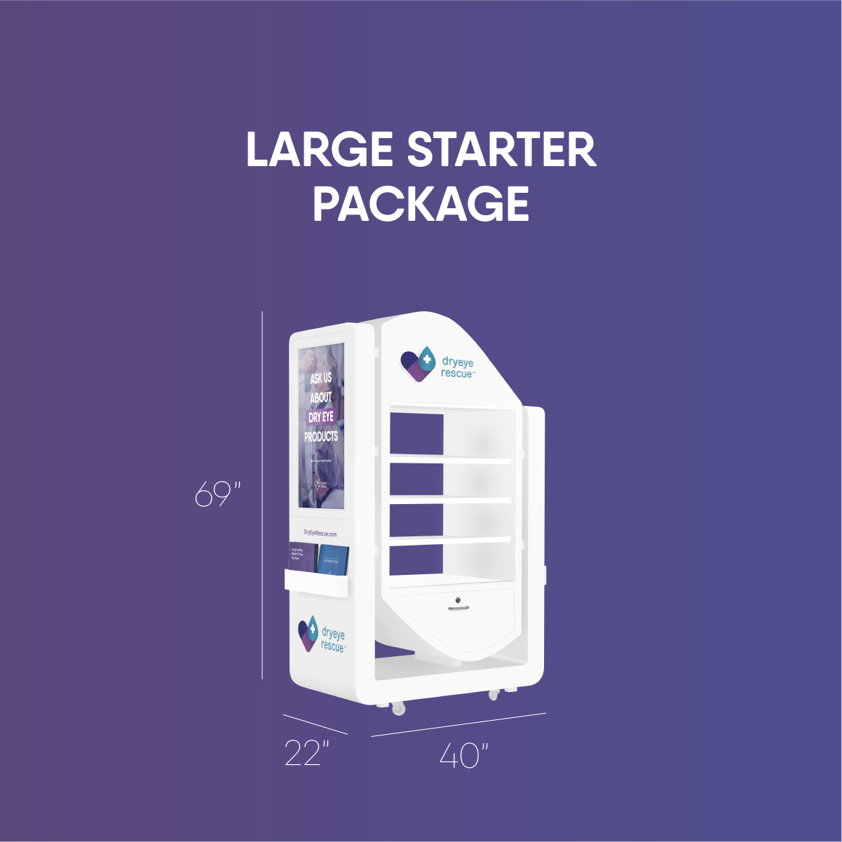 A blue-purple gradient background highlights a white DryEye Rescue stand, labeled Dry Eye Rescue with dimensions 69x40x22. Large Starter Package text suggests it fits well in an exam room or as a patient brochure. Product: Package C (Exam Room x 2 + Countertop + Large Standing Display + Marketing Materials).