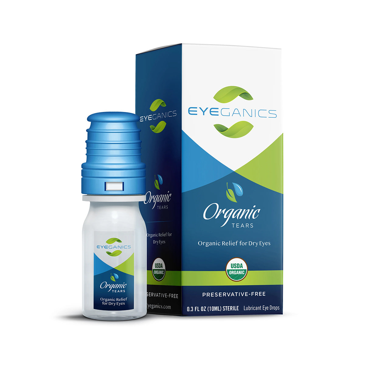 Eyeganics 100% Organic Preservative Free Eye Drops for Dry Eyes provide USDA certified dry eye relief. The packaging, featuring white, blue, green colors and the organic logo, includes a bottle with a blue cap that ensures preservative-free comfort.