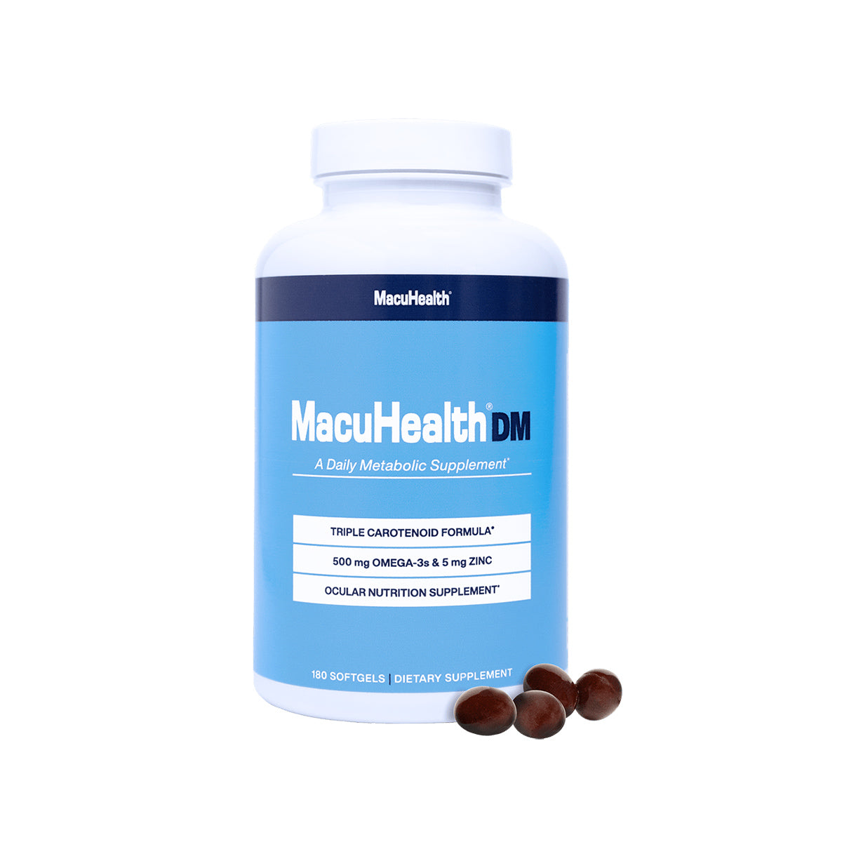A blue and white bottle labeled MacuHealth DM Daily Metabolic Supplement (180ct) promotes benefits for eye health. Adjacent dark-colored softgel capsules guarantee comprehensive metabolic support.