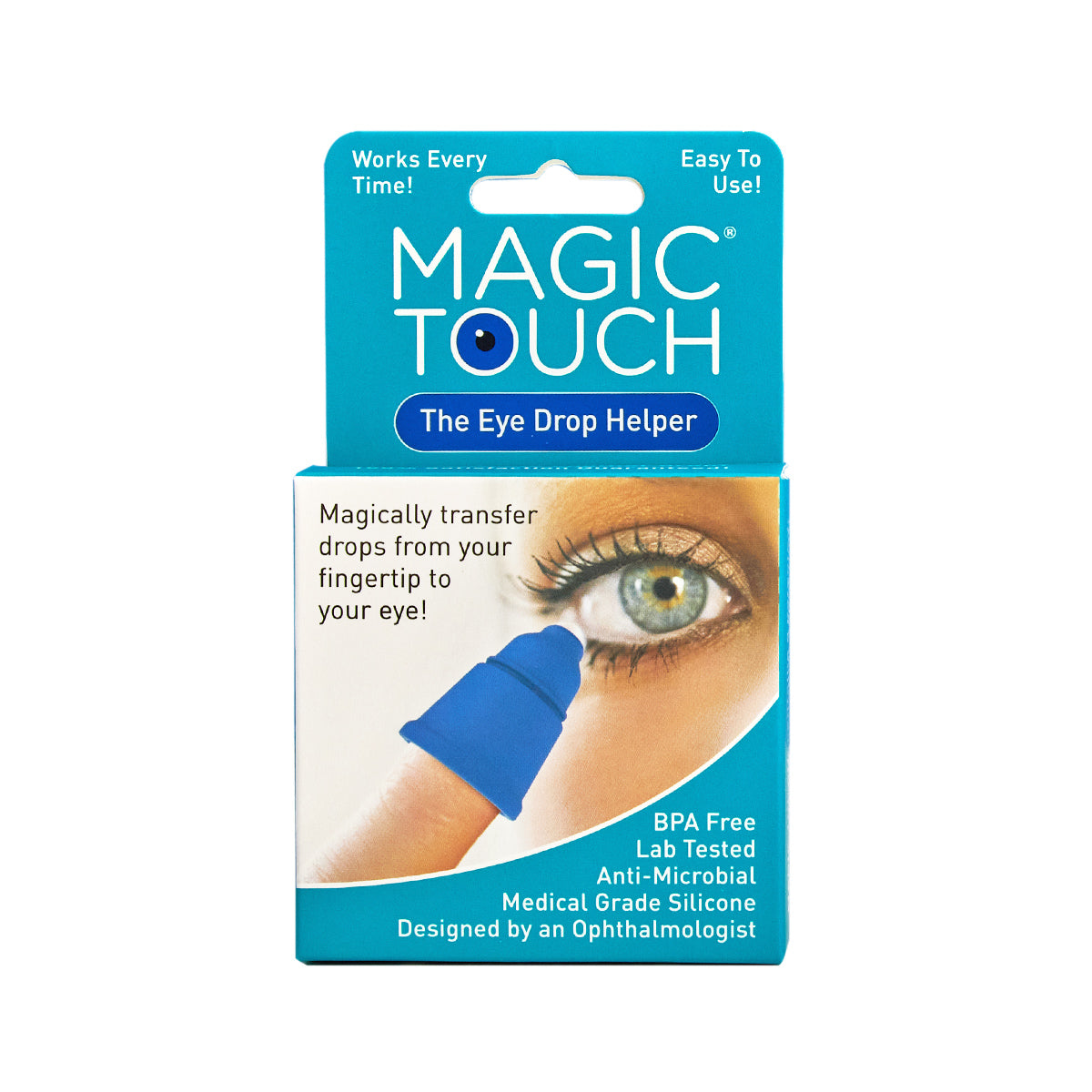 The Magic Touch Eye Drop Applicator in blue packaging shows its ease and precision, gently guiding drops into the eye using a finger. Its BPA-free, features an antimicrobial agent, and reduces waste while being incredibly easy to use.