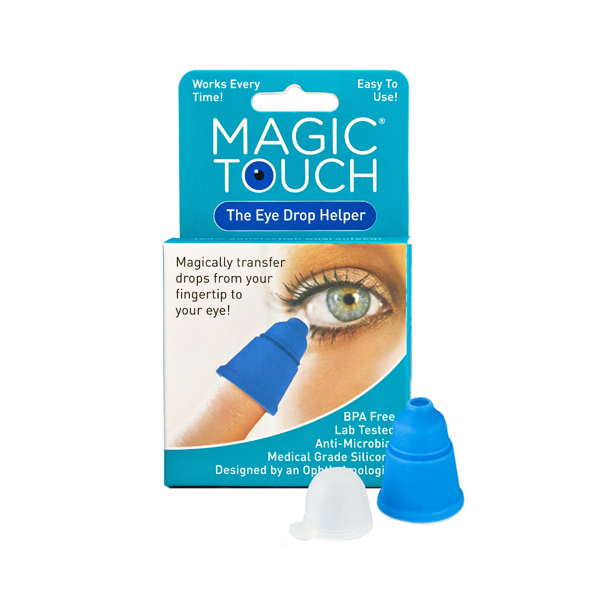 The Magic Touch Eye Drop Applicator package includes two silicone tips and shows a person using the blue tip. It highlights BPA-free, lab-tested, medical-grade silicone with antimicrobial properties to minimize waste, all under the trusted Magic Touch brand.