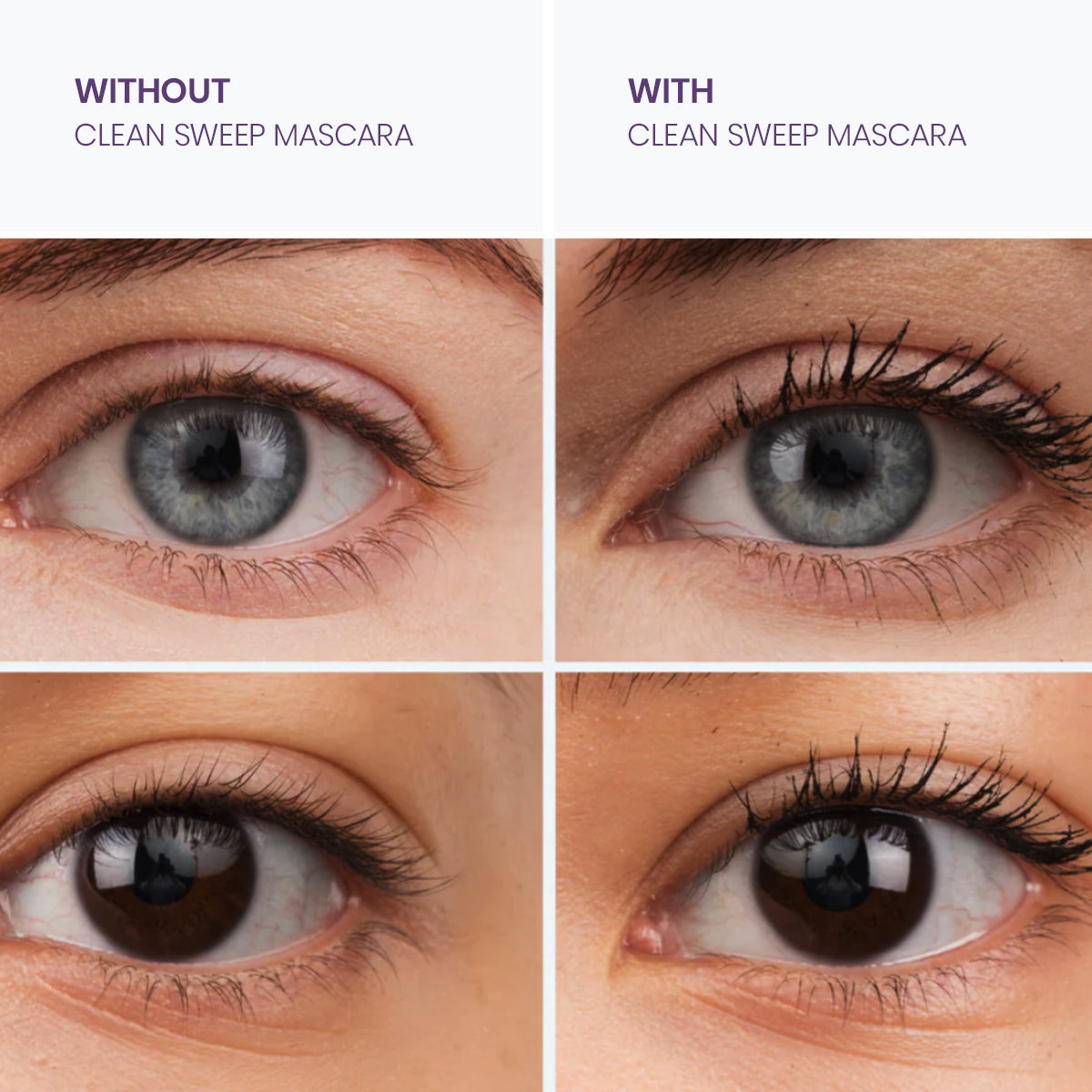 Side-by-side images exhibit the effects of Twenty Twenty Clean Sweep Mascara. The left, labeled Without, shows natural lashes, while the right showcases darker, fuller lashes from this natural-looking, ophthalmologist-approved mascara safe for contact lens wearers.