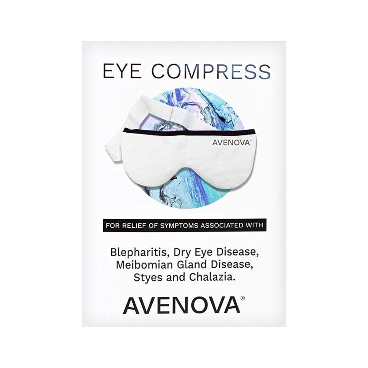 An Avenova Microwavable Heat Eye Compress Mask by NovaBay is showcased, featuring its reusable design for dry eye treatment. The packaging claims relief from blepharitis and symptoms of meibomian gland disease, styes, and chalazia, with an image of the mask on the front.