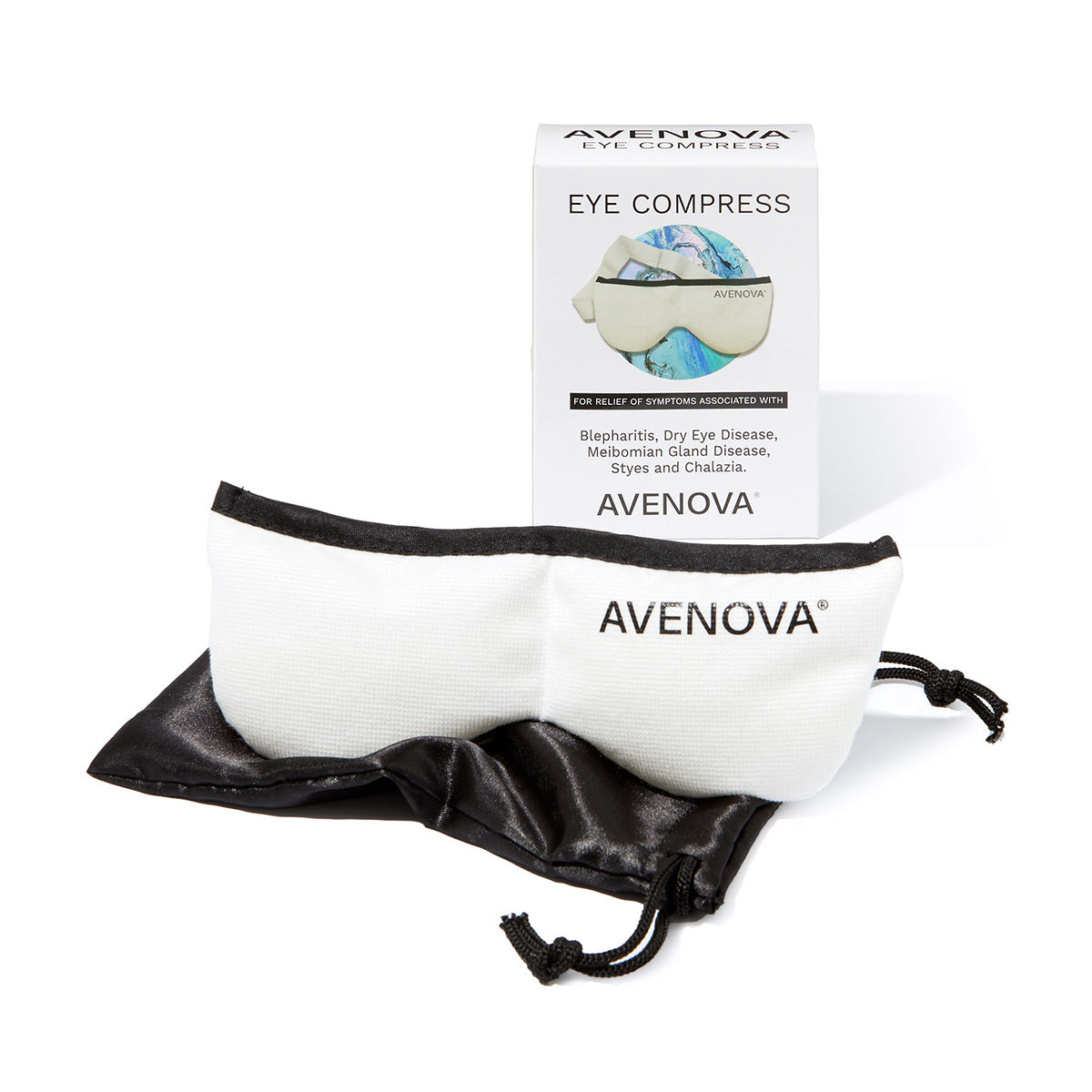 The Avenova Microwavable Heat Eye Compress Mask by NovaBay, designed for blepharitis and dry eye relief, rests on a black pouch before packaging. Its box highlights its effectiveness in treating dry eye symptoms and other eye conditions.