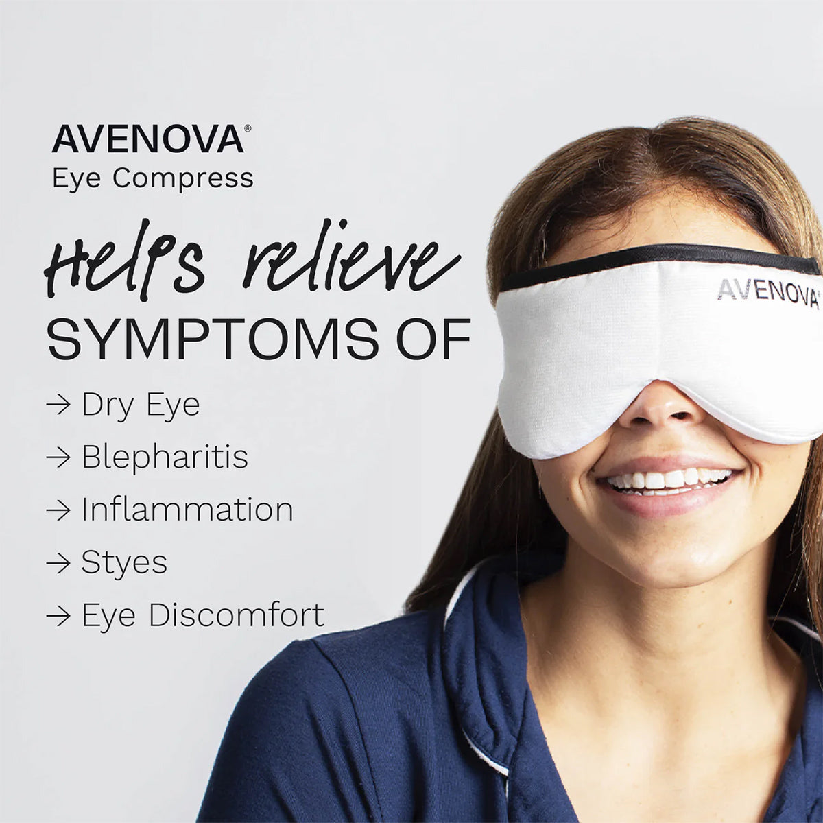 A woman smiles while wearing an Avenova Microwavable Heat Eye Compress Mask by NovaBay. Text beside her reads: Offers blepharitis relief and helps alleviate symptoms of dry eye, inflammation, styes, and general eye discomfort.