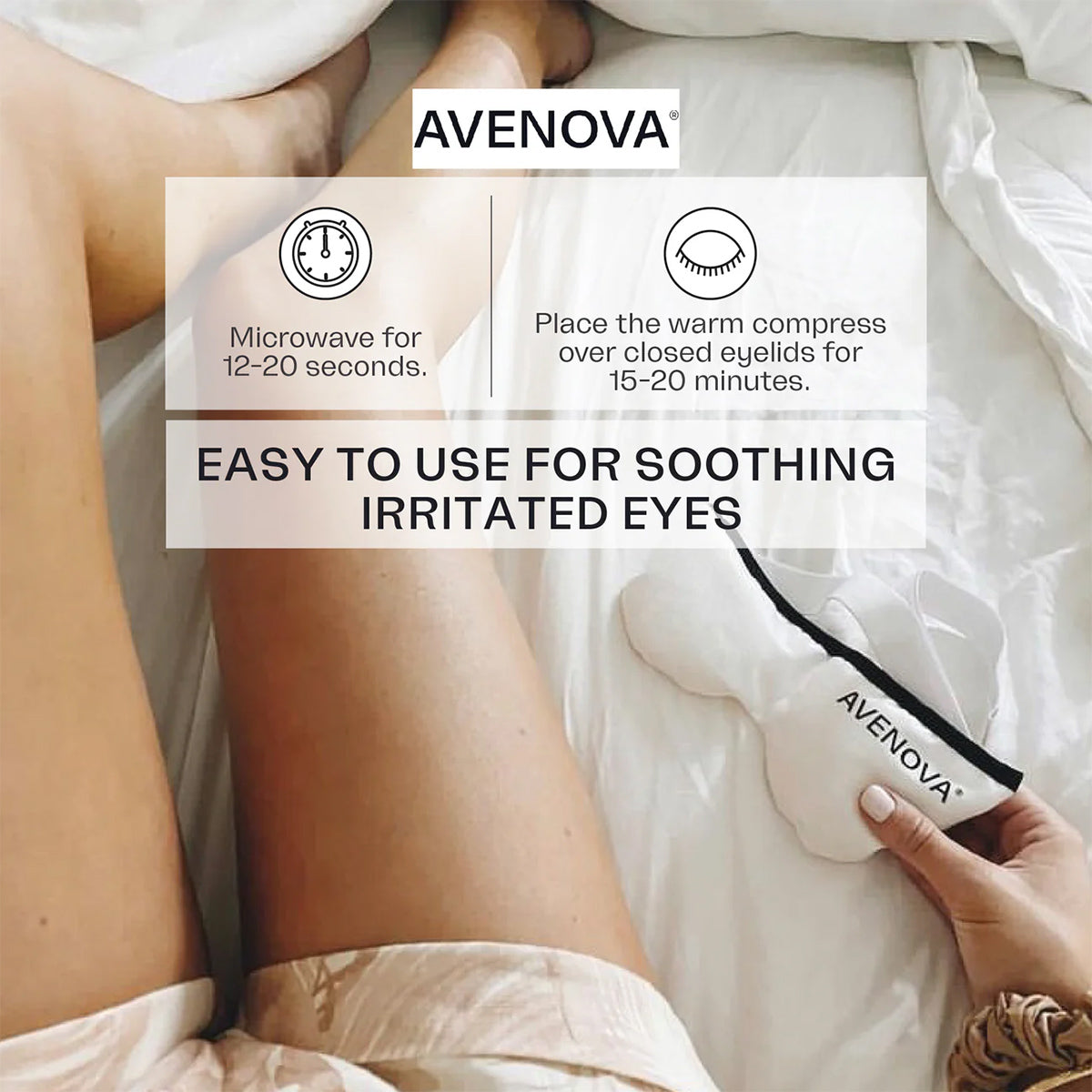 A person sits on a bed with a NovaBay Avenova Microwavable Heat Eye Compress Mask, perfect for treating dry eyes and blepharitis. Microwave it for 12-20 seconds, then place over closed eyelids for 15-20 minutes. Experience the soothing comfort of this reusable eye mask.