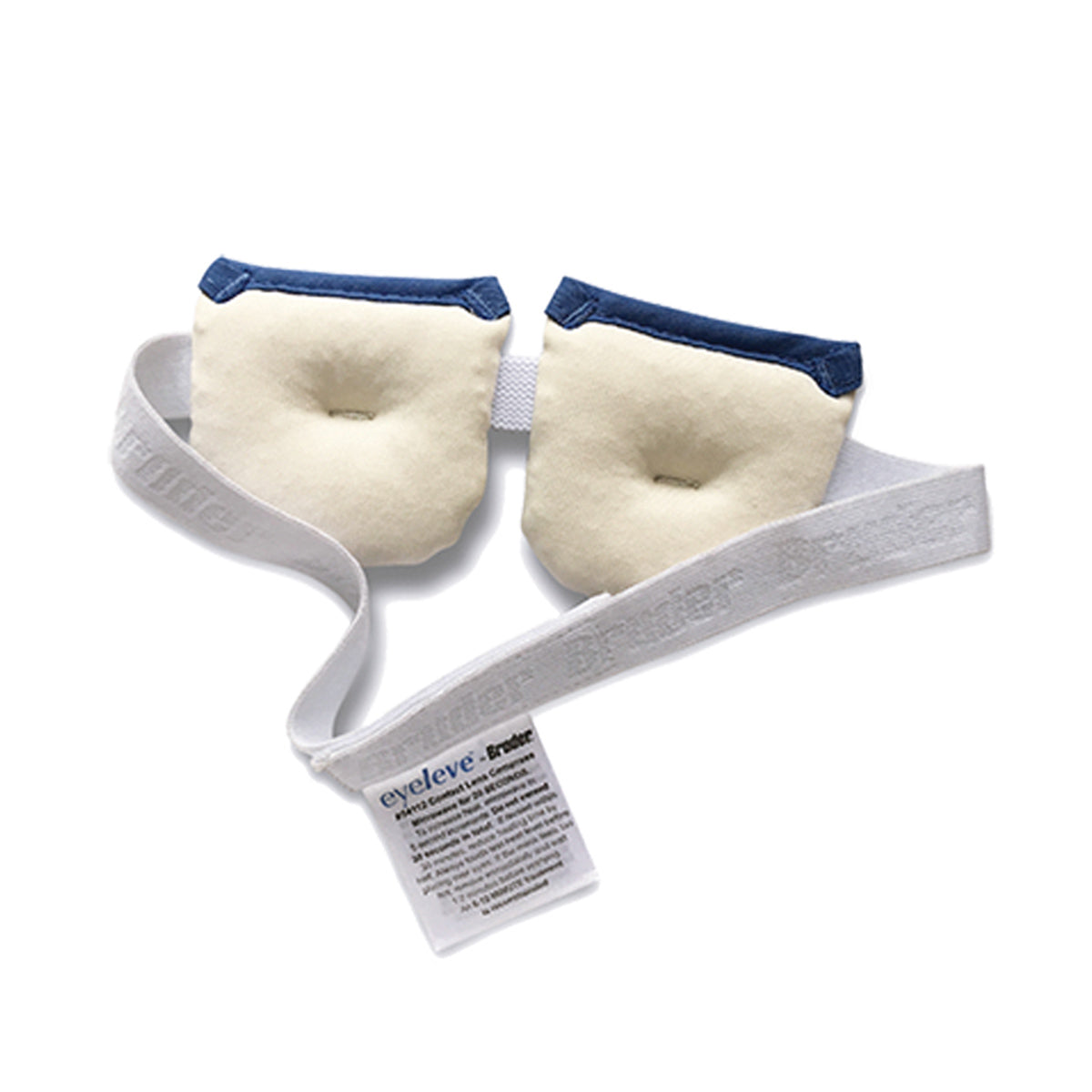 The Bruder Eyeleve Eye Compress for Contact Lens Wearers features beige pads with blue trim for soothing relief, connected by a white elastic band with raised text and an attached label, set against a plain white background.