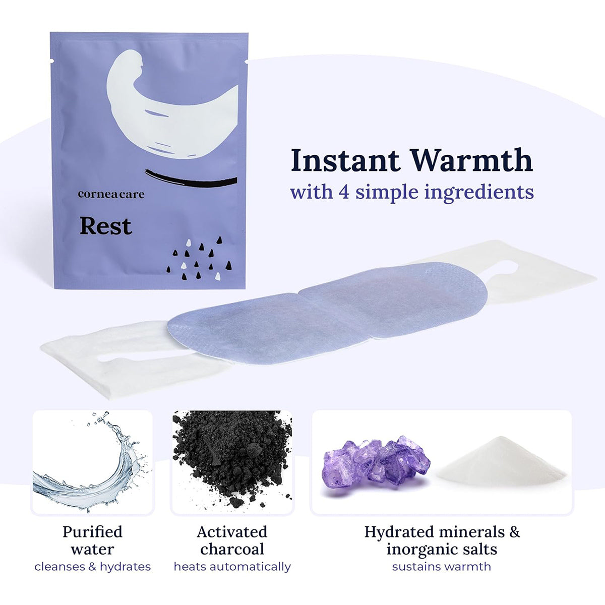 An image displays a blue packet labeled Rest with an eye mask from CorneaCare. It highlights four ingredients—purified water, activated charcoal, hydrated minerals, and inorganic salts. The CorneaCare Self Heating Warm Compresses (30ct) provide instant relief and essential eye hydration.