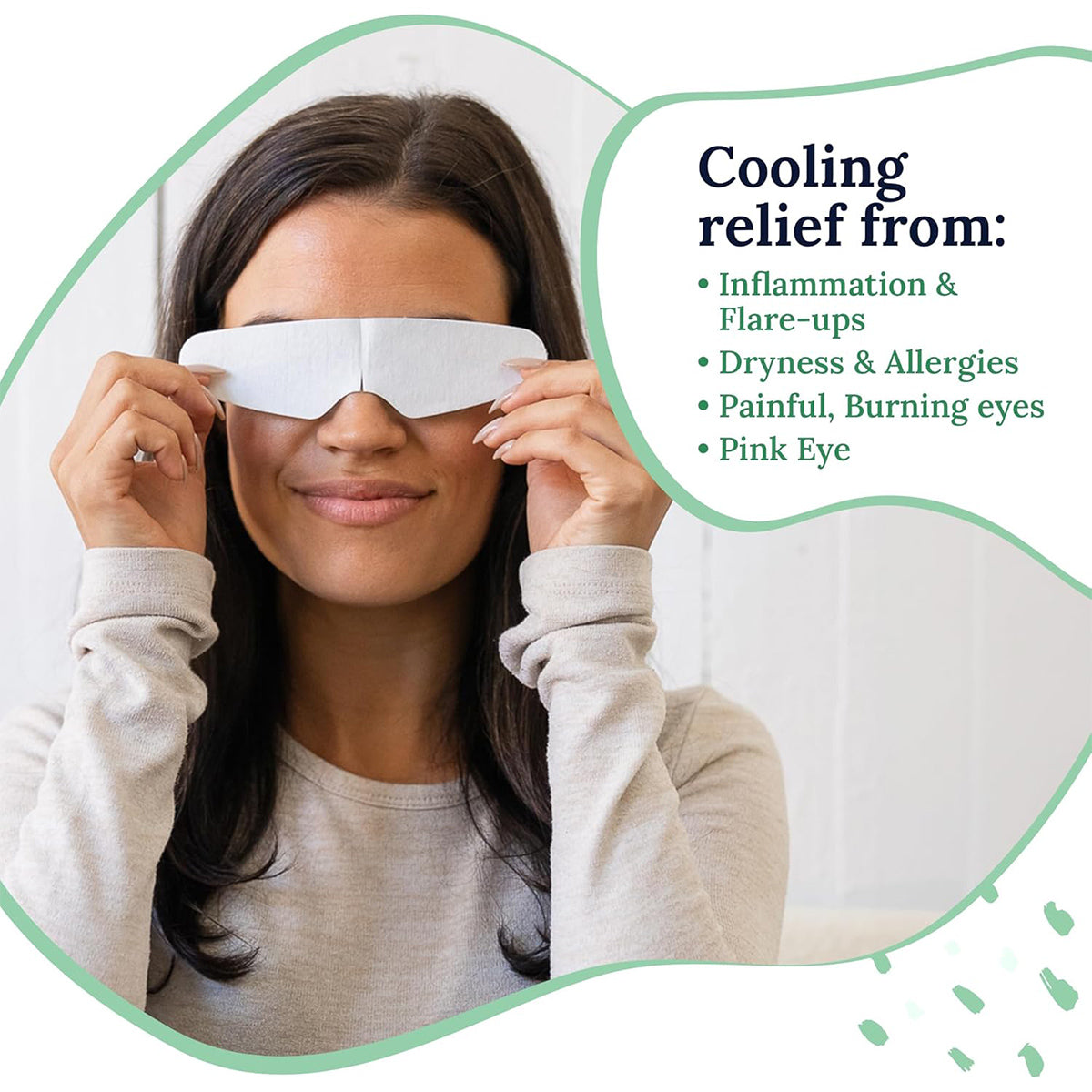 A person with CorneaCare Rescue Cooling Eye Mask smiles at the camera. Text reads: Instant Relief for Dry Eyes, Inflammation, Flare-ups, Allergies. Doctor-formulated hydrogel compresses offer comfort against a white background with green accents.