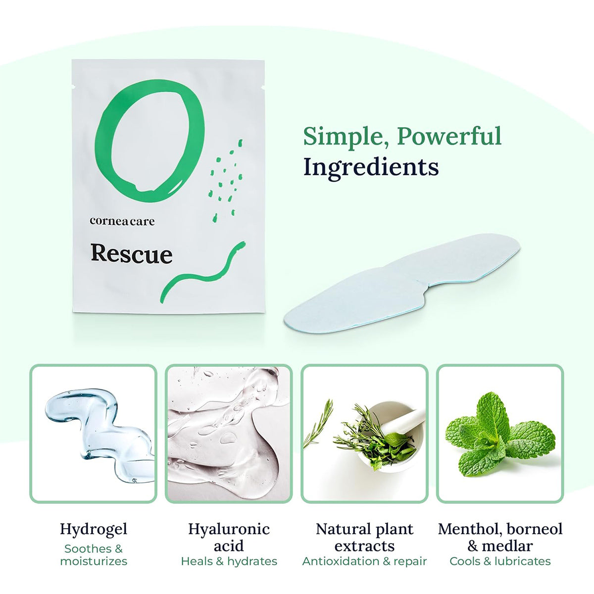 Image of CorneaCare Rescue Cooling Eye Masks packaging, highlighting its doctor-endorsed formula with self-cooling hydrogel, hyaluronic acid, natural plant extracts, and menthol. Experience quick relief for dry eyes with soothing and cooling benefits at your fingertips. (6-pack).