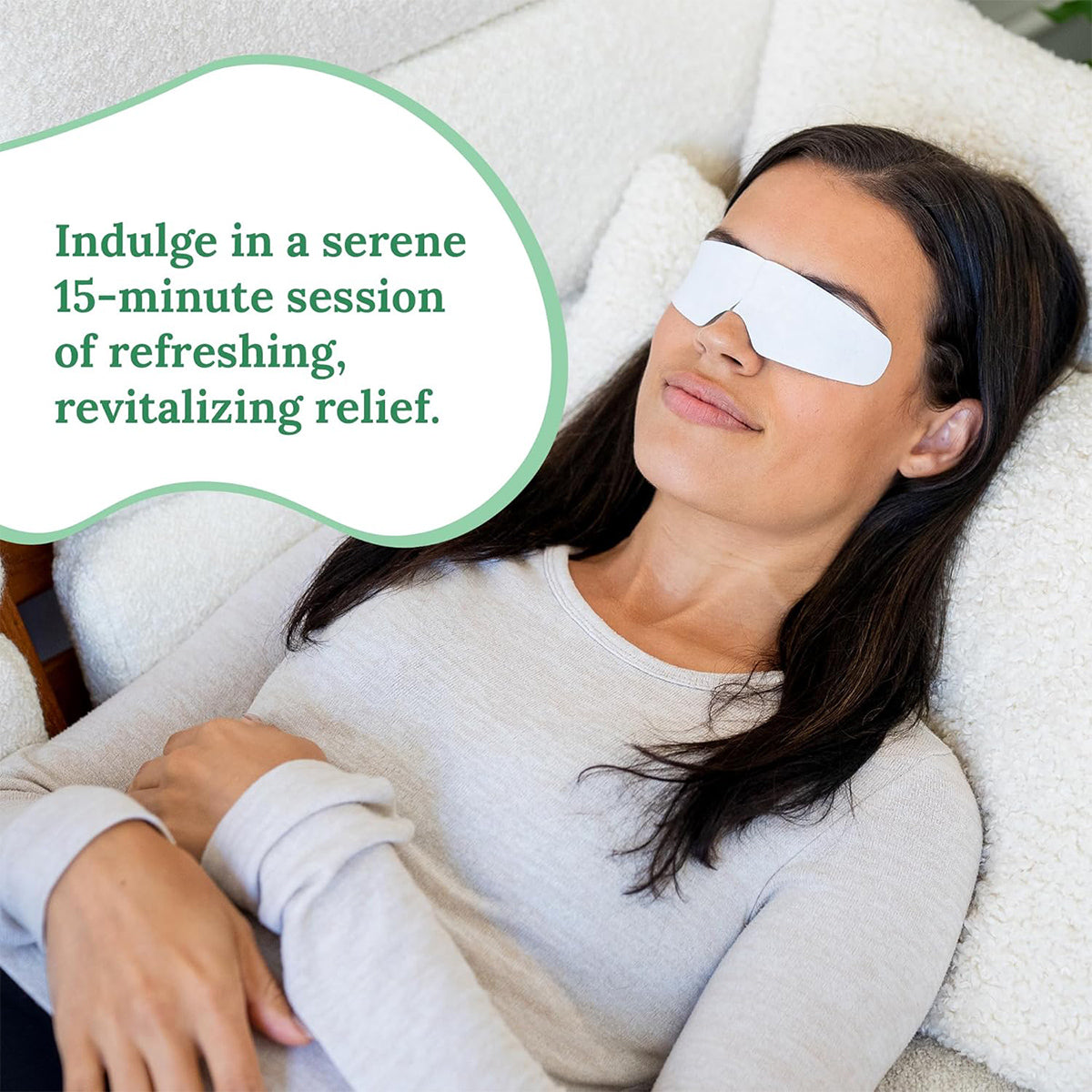 A person reclines calmly with a white eye mask. A green-bordered text says, Enjoy 15 minutes of refreshing relief with CorneaCare Rescue Cooling Eye Masks for Allergy relief. The setting is calm and comfortable.