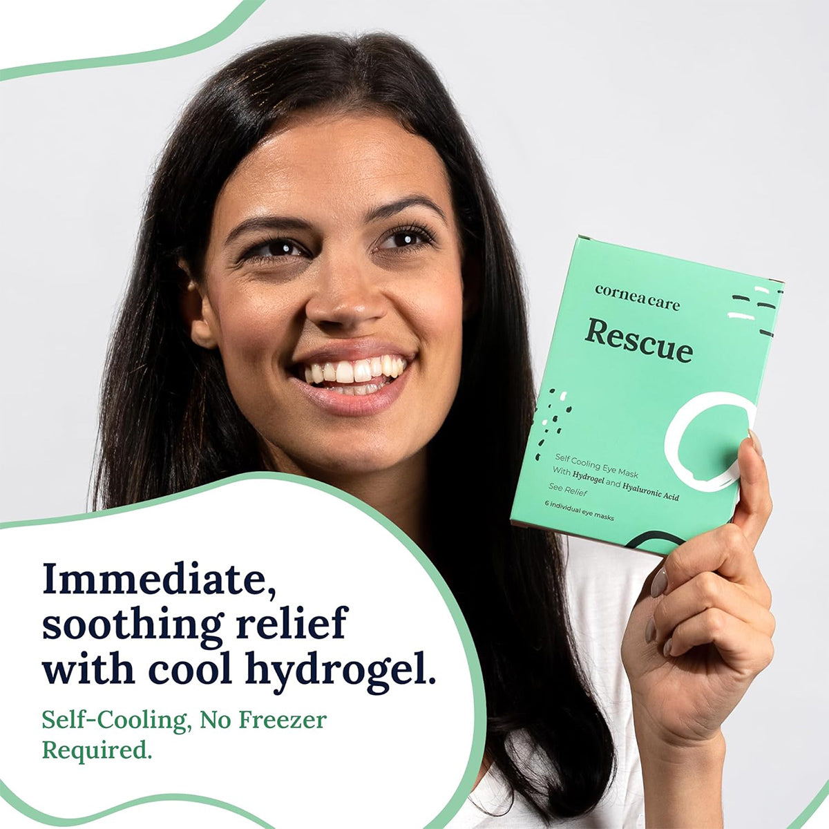 A person smiles holding a CorneaCare Rescue box with green and white design. Text: Cooling Eye Mask with Hydrogel & Hyaluronic Acid, Use Anytime. Caption: Immediate, soothing relief with doctor-backed formula for instant dry eye comfort.