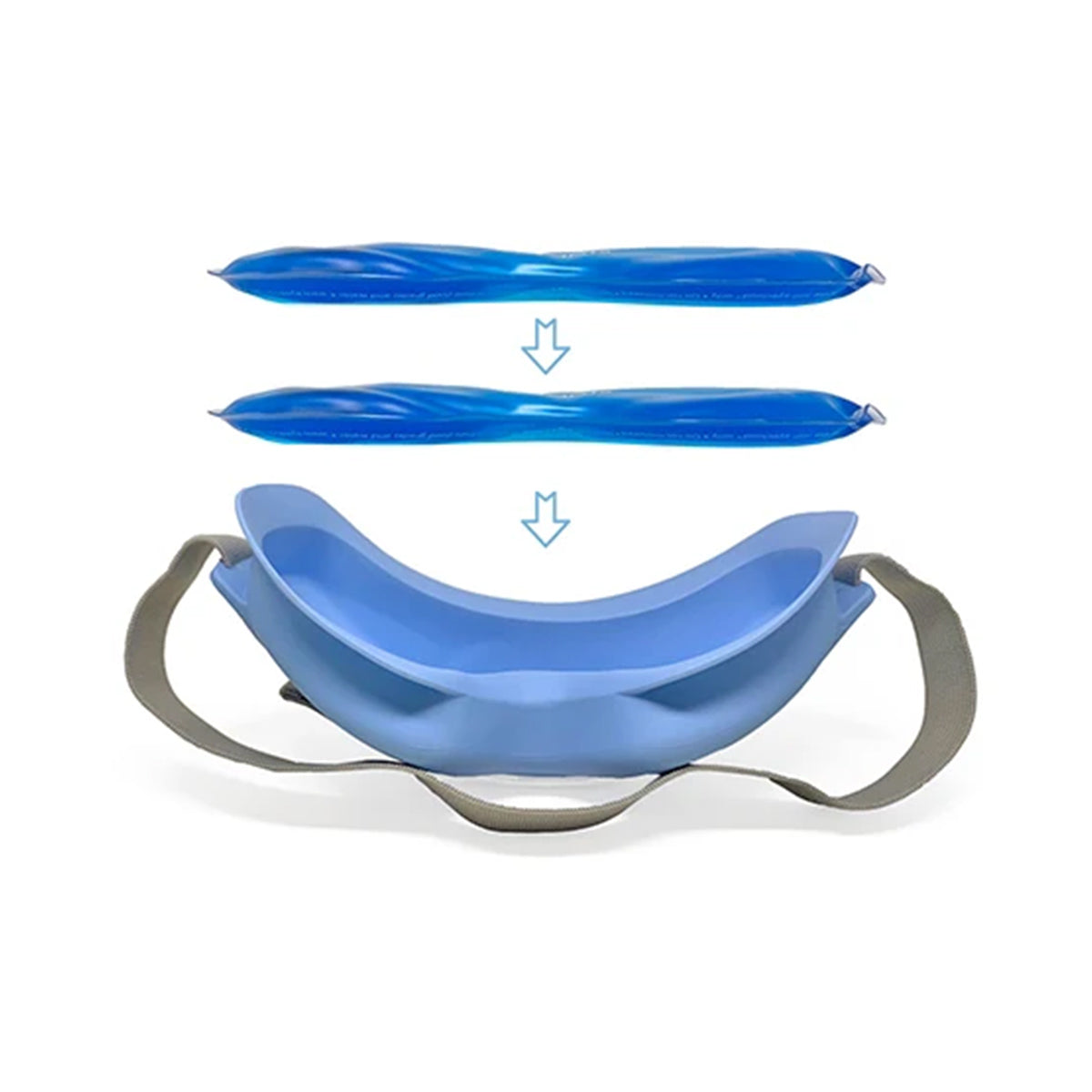 The PRN Eyecloud Instants 4-Pack Replacement Inserts offer support and comfort with blue detachable gel inserts featuring self-activating ThermoEyes heat packs. Gray adjustable straps adorn the sides, while arrows guide you on inserting the ThermoEyes into the pillow for soothing relief.
