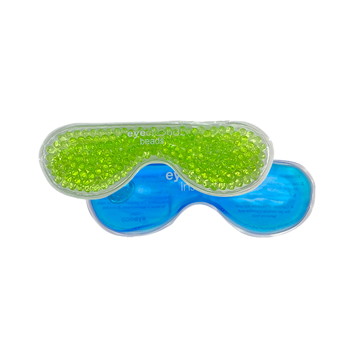 Two PRN EyeCloud® gel eye masks for dry eye relief are on a white background: one green with beads, one solid blue. Designed to fit comfortably around eyes, these masks provide soothing therapy as part of the EyeCloud Home Treatment Kit with over 600 gel pack uses.