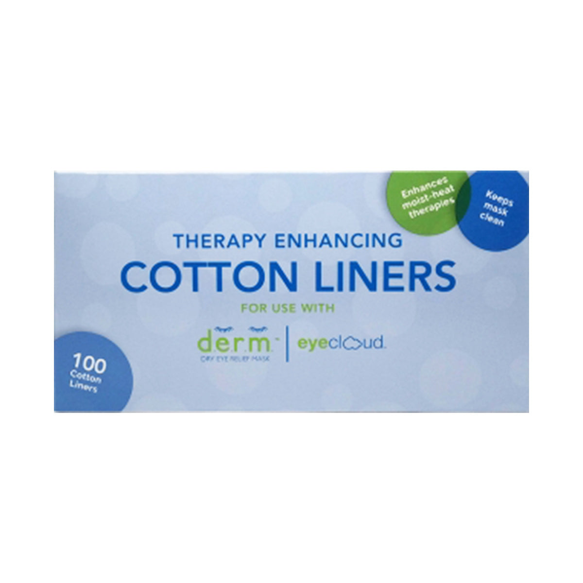 The PRN Replacement Cotton Liners for D.E.R.M. & EyeCloud come in a blue and white box and are designed to enhance your moist-heat therapy experience by keeping eye masks clean. The package includes 100 liners, though the mask is not included.