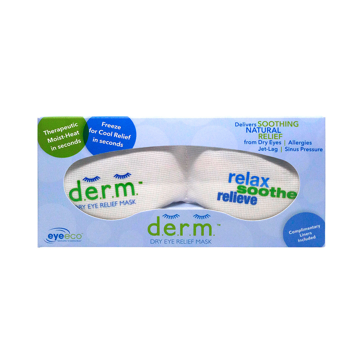 Box contains PRNs EyeEco D.E.R.M. Dry Eye Relief Mask, offering relax soothe relieve benefits with moist-heat therapy for dry eyes. Its hypoallergenic and can be frozen for cool relief, aiding in allergies, jet lag, and sinus pressure. No cotton liners included.
