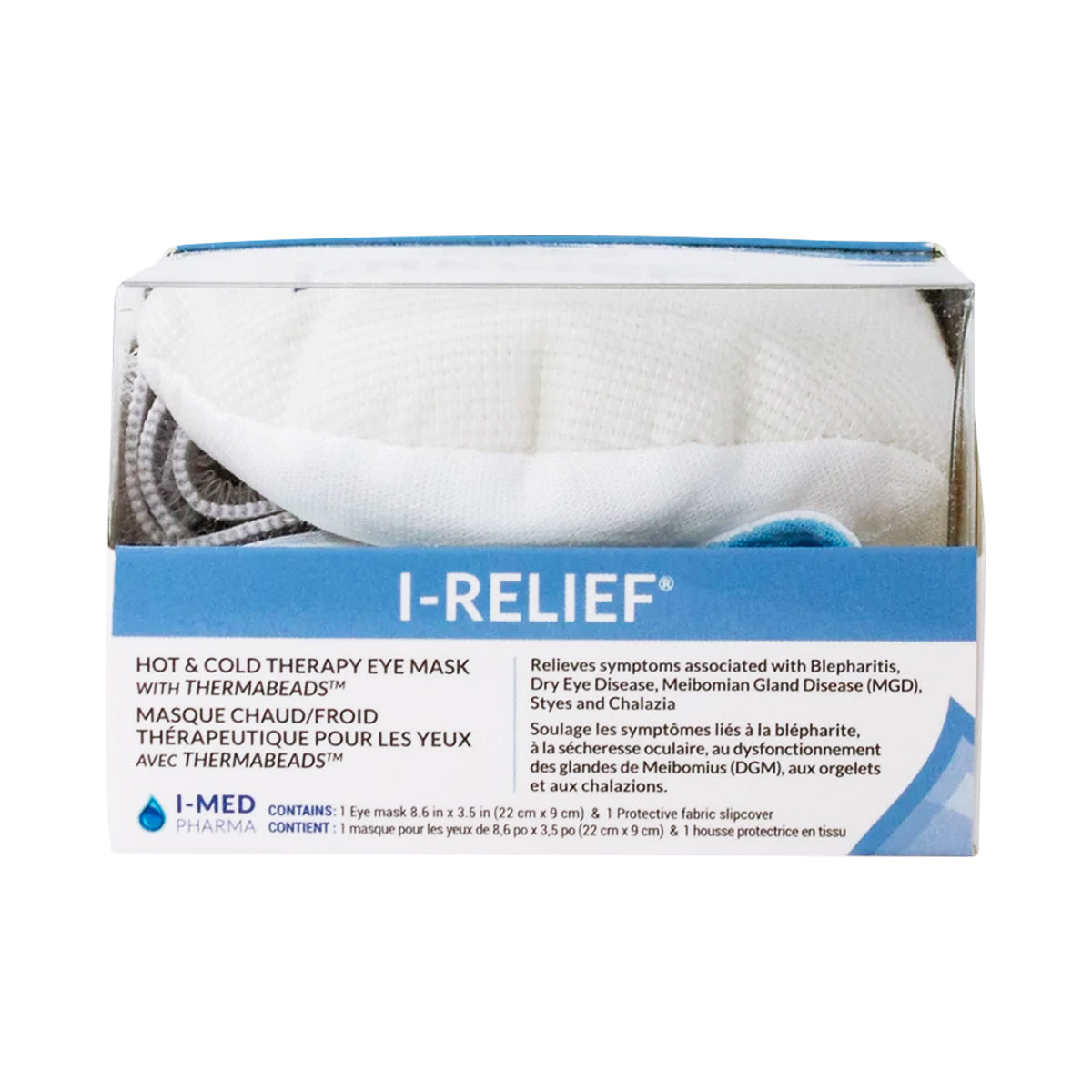 The I-Med Pharma packaging for the I-RELIEF™ Eye Mask displays a white mask image and emphasizes its dry eye, blepharitis, MGD, styes, and puffiness relief benefits.