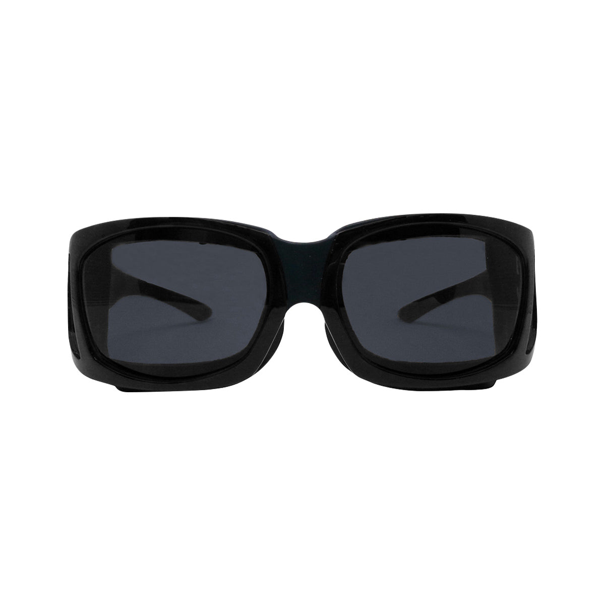 The EyeEco Large Moisture Release Eyewear by PRN features shiny black rectangular frames with gray lenses and anti-fog coating, shown front-facing on a white background.