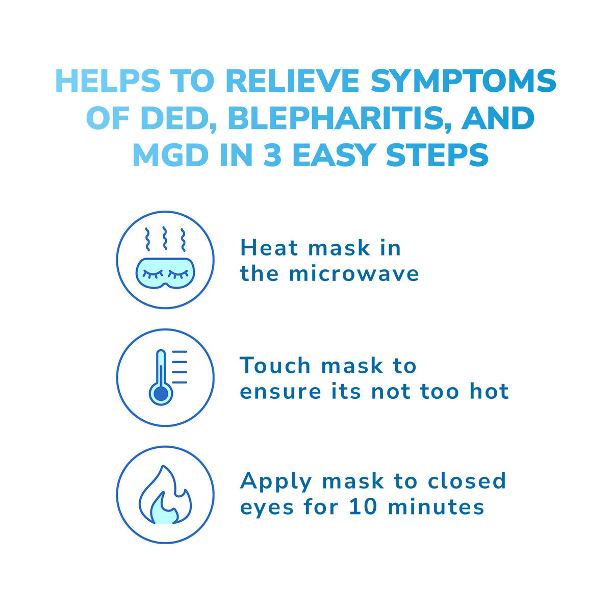 Blue text reads: Optase - Moist Heat Dry Eye Mask by Optase helps relieve symptoms of DED, blepharitis, and MGD in 3 easy steps with reliable relief. Icons with descriptions: 1) Microwave mask. 2) Check temperature. 3) Apply to closed eyes for soothing moist heat therapy for 10 minutes.