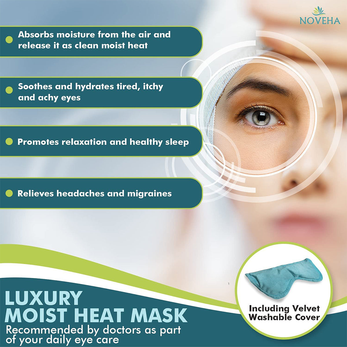 Promotional image for Noveha Dry Eye Mask with Washable Cover (Microwavable, Dual-Eye) highlights benefits like moisture absorption, eye soothing, relaxation promotion, and headache relief. Features a close-up of an eye next to the velvet-covered mask enhanced by hydro-heat technology.