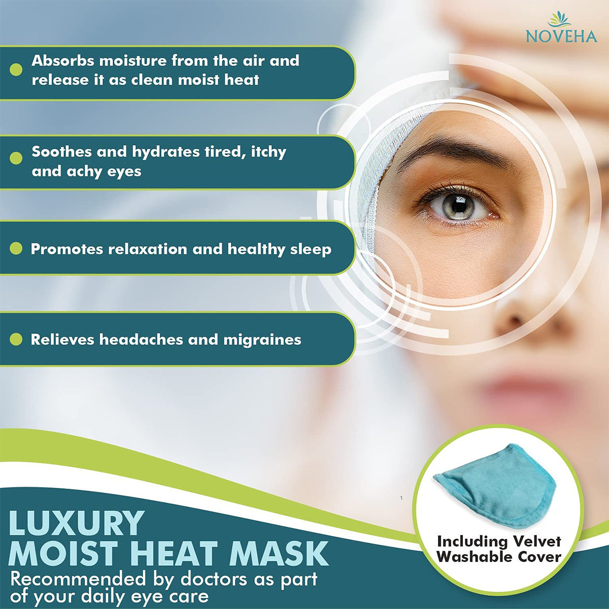 A close-up of a single eye is partially covered by graphics showing benefits of the Noveha Dry Eye Mask: absorbs moisture, soothes eyes, promotes relaxation, relieves headaches. It features advanced hydro-heat technology and an image of its velvet washable cover.