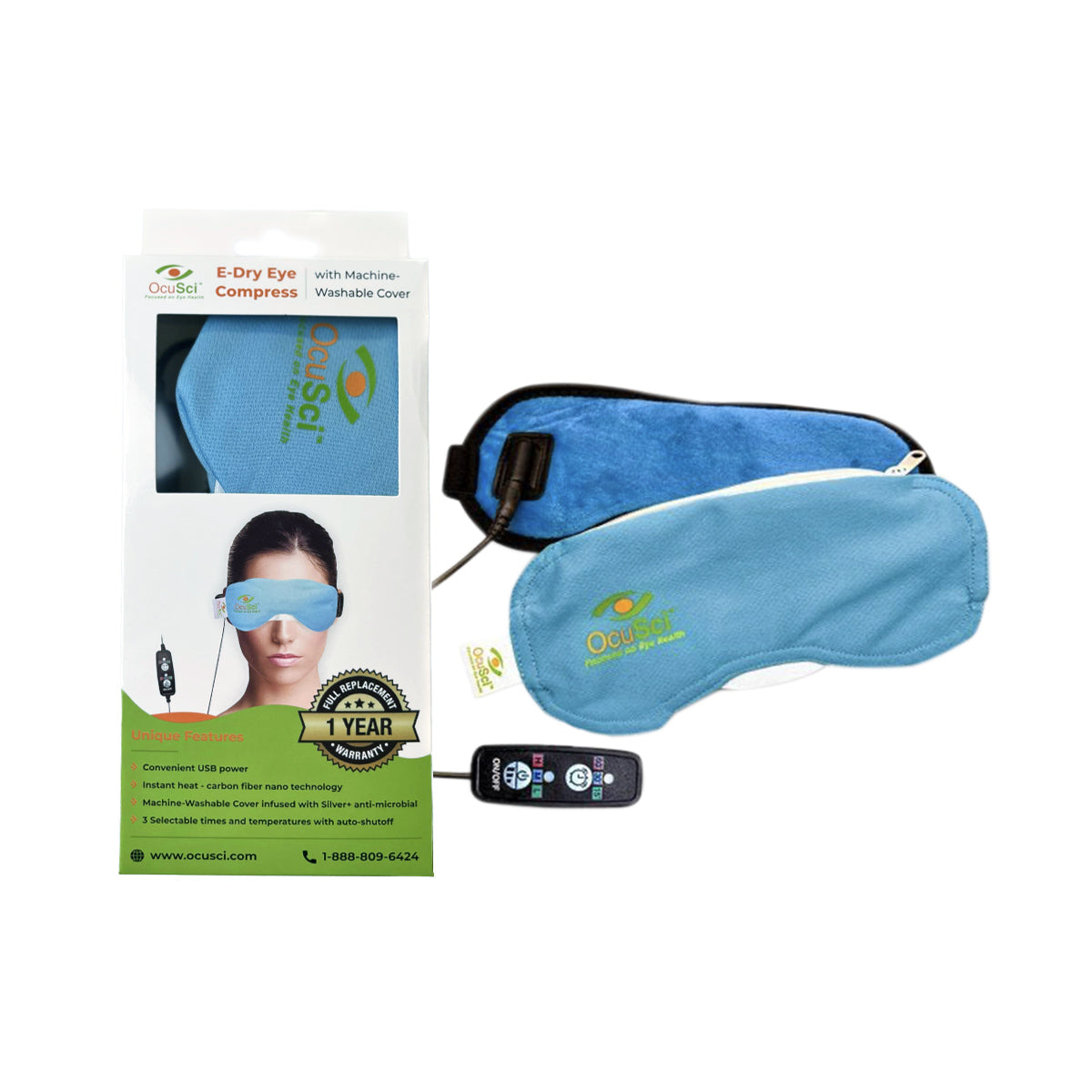 The OcuSci E-Compress USB Eye Heat Mask and remote are shown beside its packaging, illustrating its use. The box includes product details, a warranty badge, and emphasizes the USB-powered therapeutic heat for dry eye relief. The mask comes with a power cord.