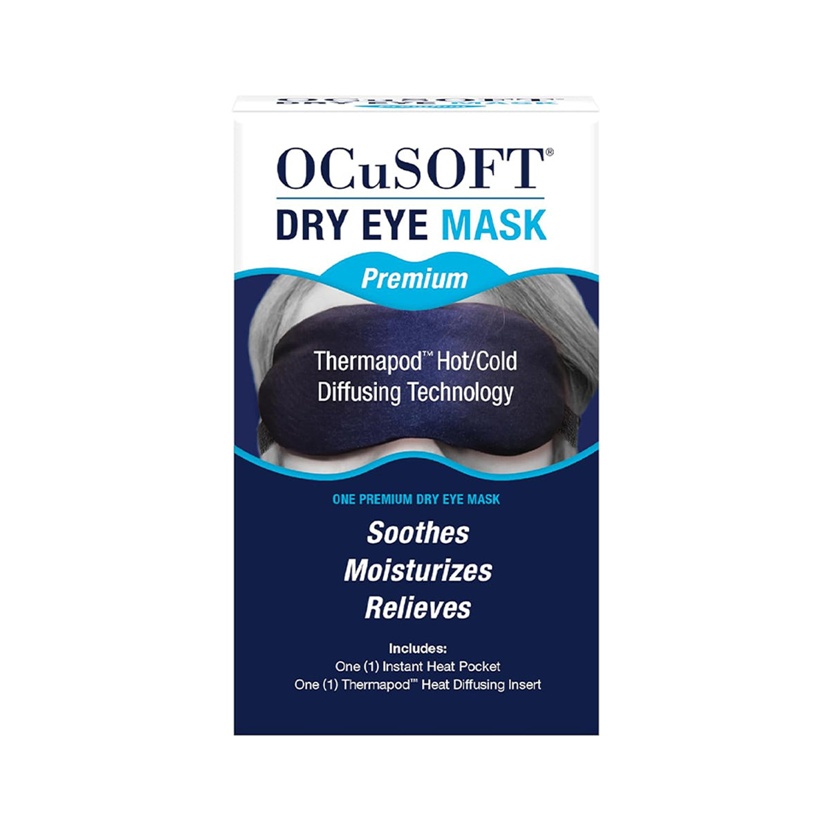 The OCuSOFT Premium Eye Mask features Thermapod Hot/Cold Diffusing Technology for Moist-Heat Therapy, soothing and moisturizing dry eyes. The kit includes one instant heat pocket and a heat diffusing insert.
