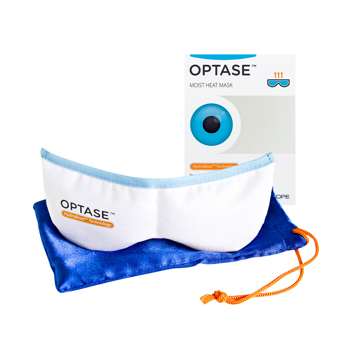 In the Optase DryEye Kit, a white heat mask with blue trim and orange string is shown on a blue pouch. The packaging features the mask and highlights HydroBead technology for moist heat therapy and eyelid hygiene.