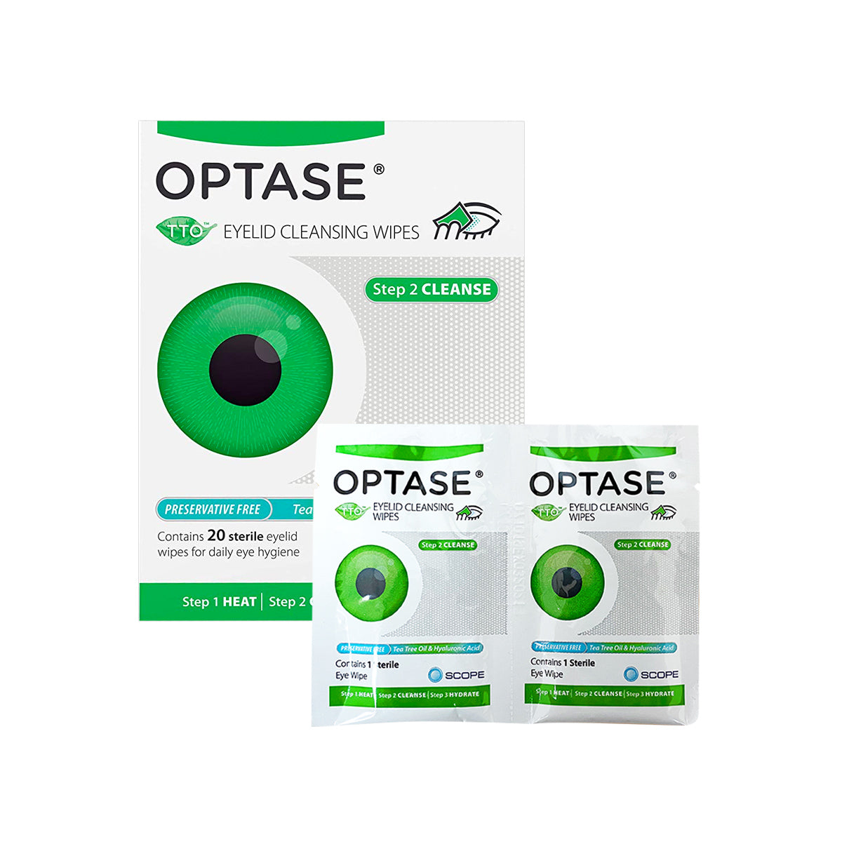 The Optase DryEye Kit features cleansing wipes with a prominent green eye illustration on the packaging, which includes a box and two sachets. These preservative-free wipes are perfect for daily eyelid hygiene and essential in any Dry Eye Relief routine.
