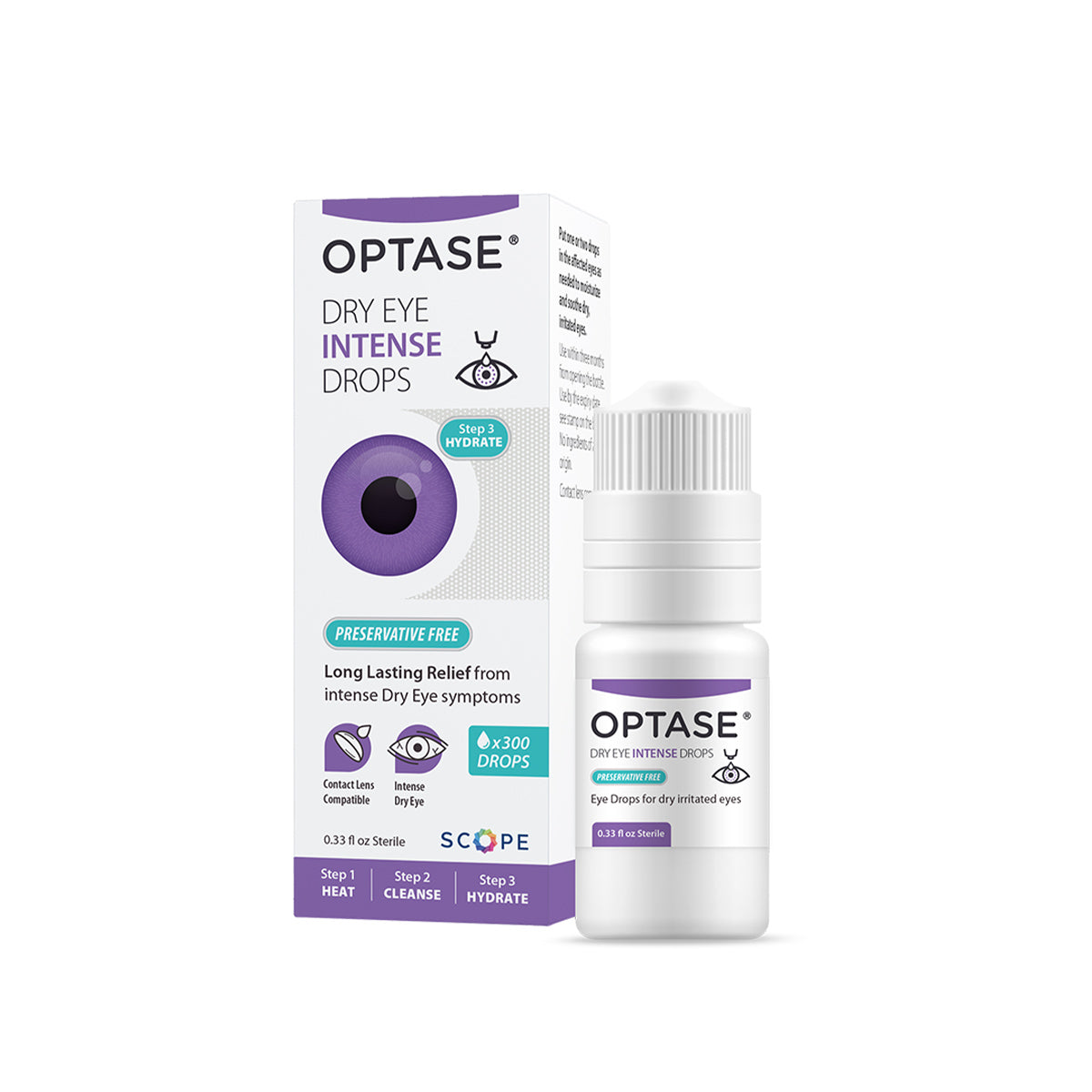 The image depicts a box and bottle from the Optase DryEye Kit, featuring the preservative-free Intense Eye Drops for lasting relief from intense dry eye symptoms. The white bottle, with purple and blue accents, complements the kits Heat Mask and Cleansing Wipes.