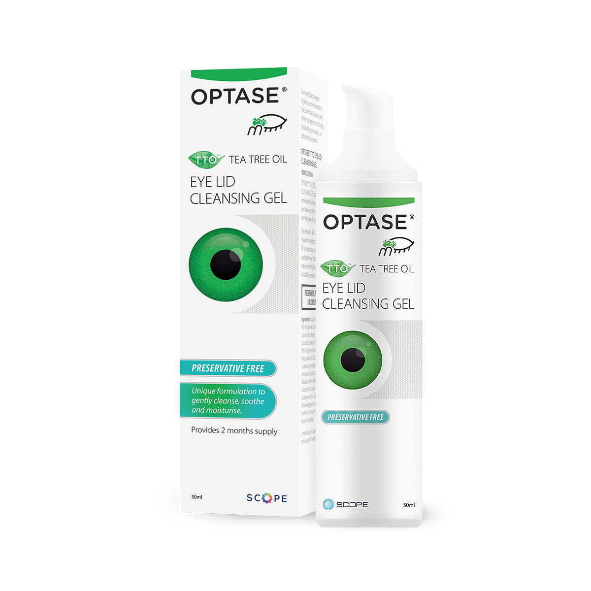 Image of Optase DryEye Kit (C) including a Cleaning Gel in a white pump bottle with a green eye graphic on the box. Ideal for eyelid hygiene, it offers preservative-free formula and dry eye relief with a two-month supply.