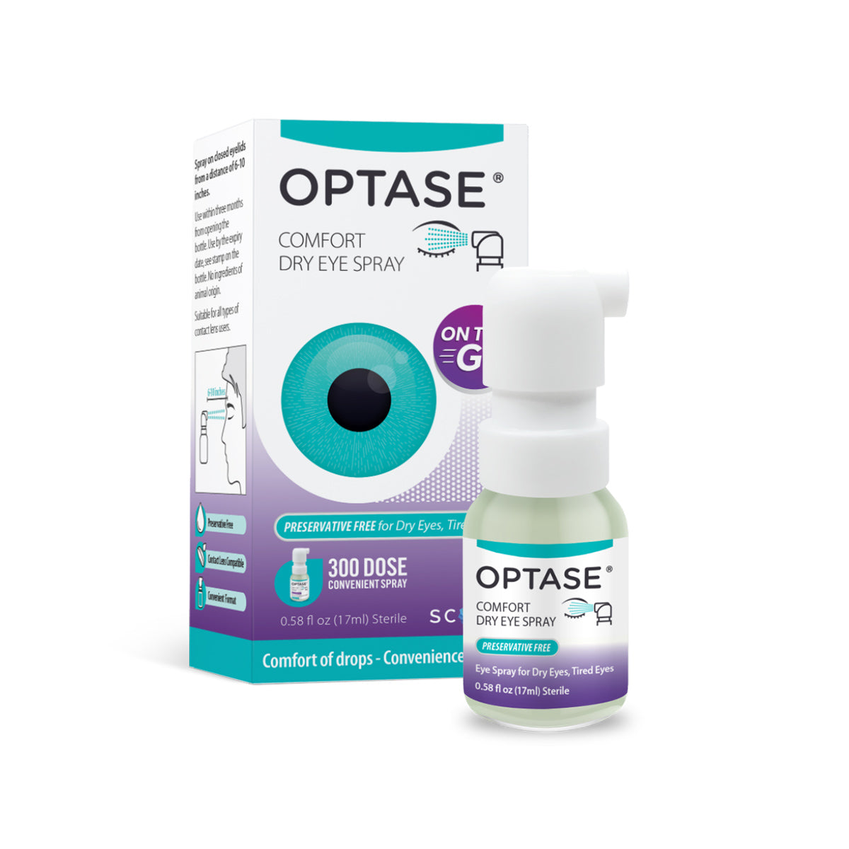 Image of the Optase DryEye Kit featuring Heat Mask, Cleaning Gel, and Intense Drops. The packaging highlights 300 dose convenient spray and preservative free Dry Eye Relief with a striking eye graphic. A small spray bottle is shown upfront, perfect for enhancing Eyelid Hygiene.
