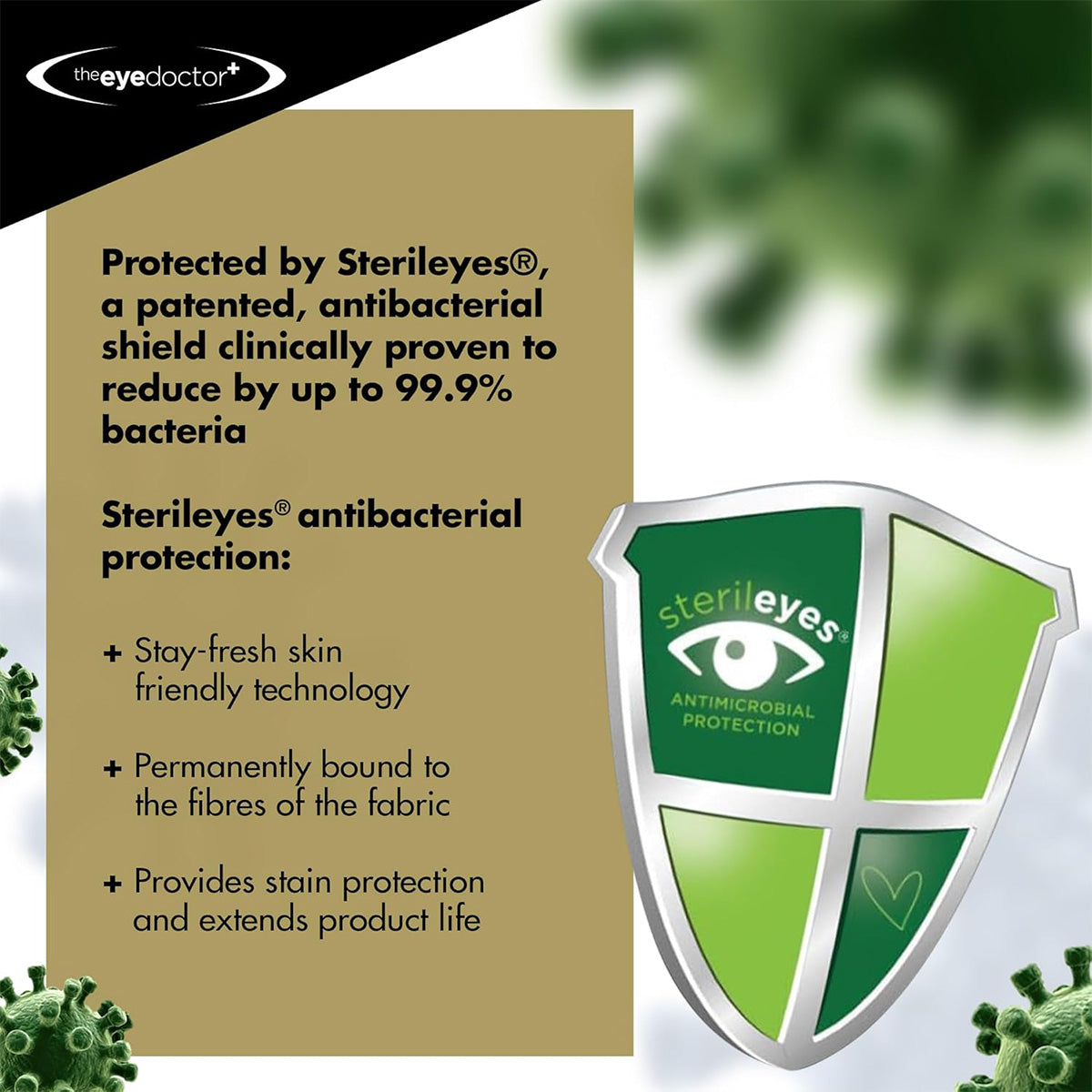 A shield icon labeled Sterileyes Antimicrobial Protection highlights the antibacterial power of The Eye Doctor Featuring Sterileyes. It reduces bacteria up to 99.9%, keeps fabric fresh, and provides reassurance for individuals with dry eye, blepharitis, or MGD.